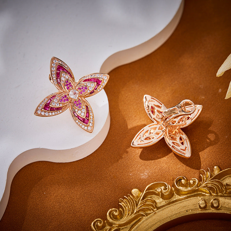 Fashion Gold Plated Red Diamond Flower Necklace