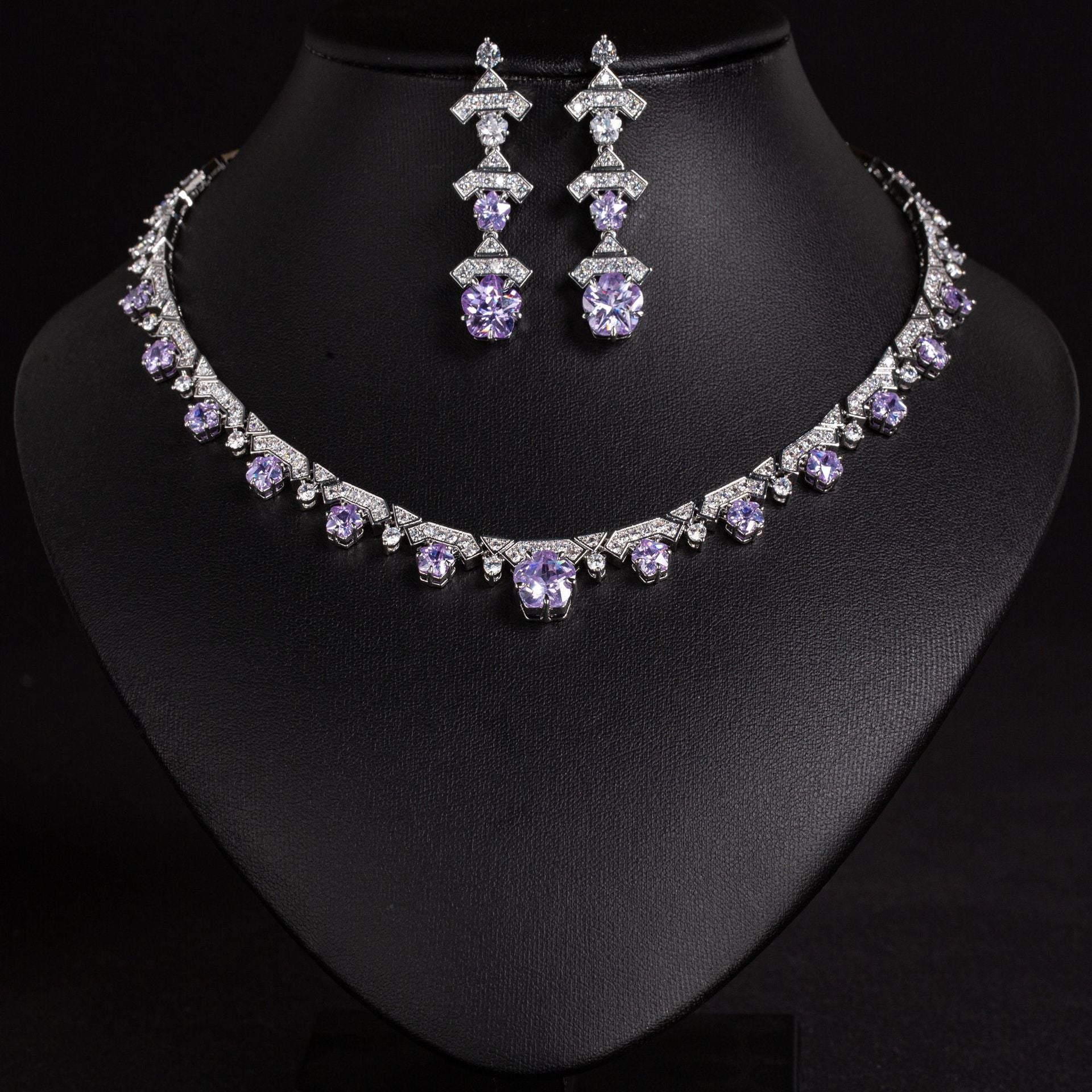 Luxury Purple Crystal Necklace Earrings Set – Silver Statement Jewelry
