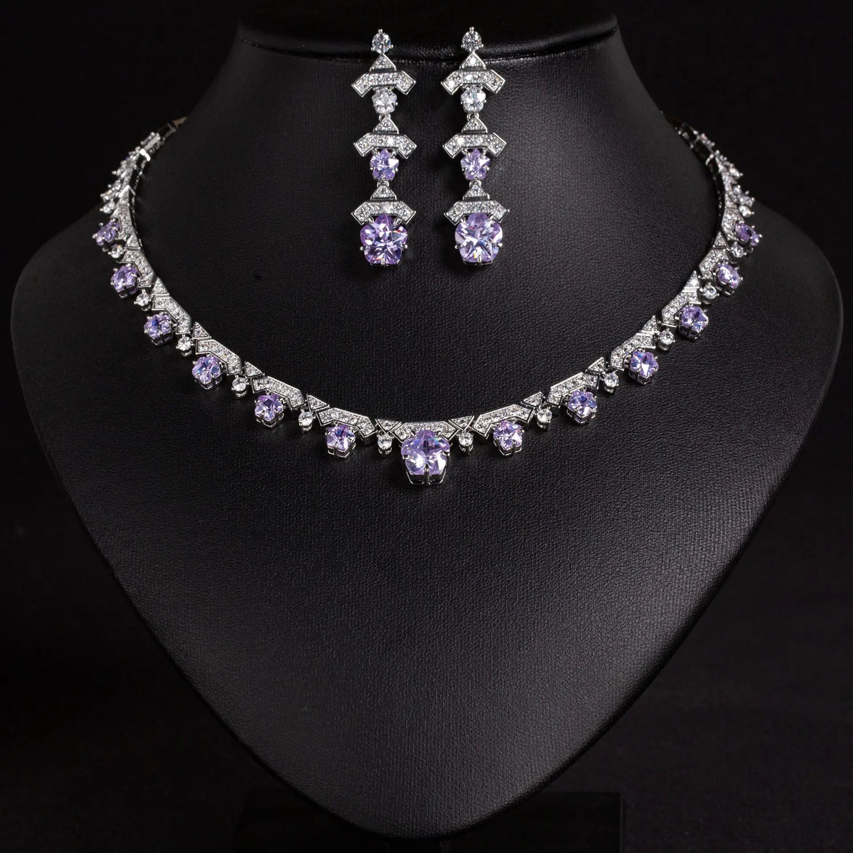 Luxury Purple Crystal Necklace Earrings Set – Silver Statement Jewelry