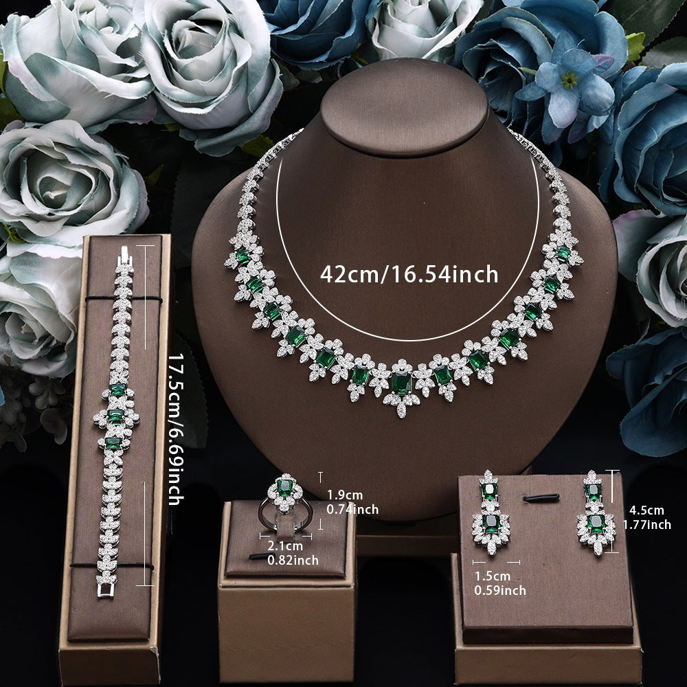 Luxury Emerald Green Crystal Jewelry Set – Necklace Earrings Bracelet Ring for Women