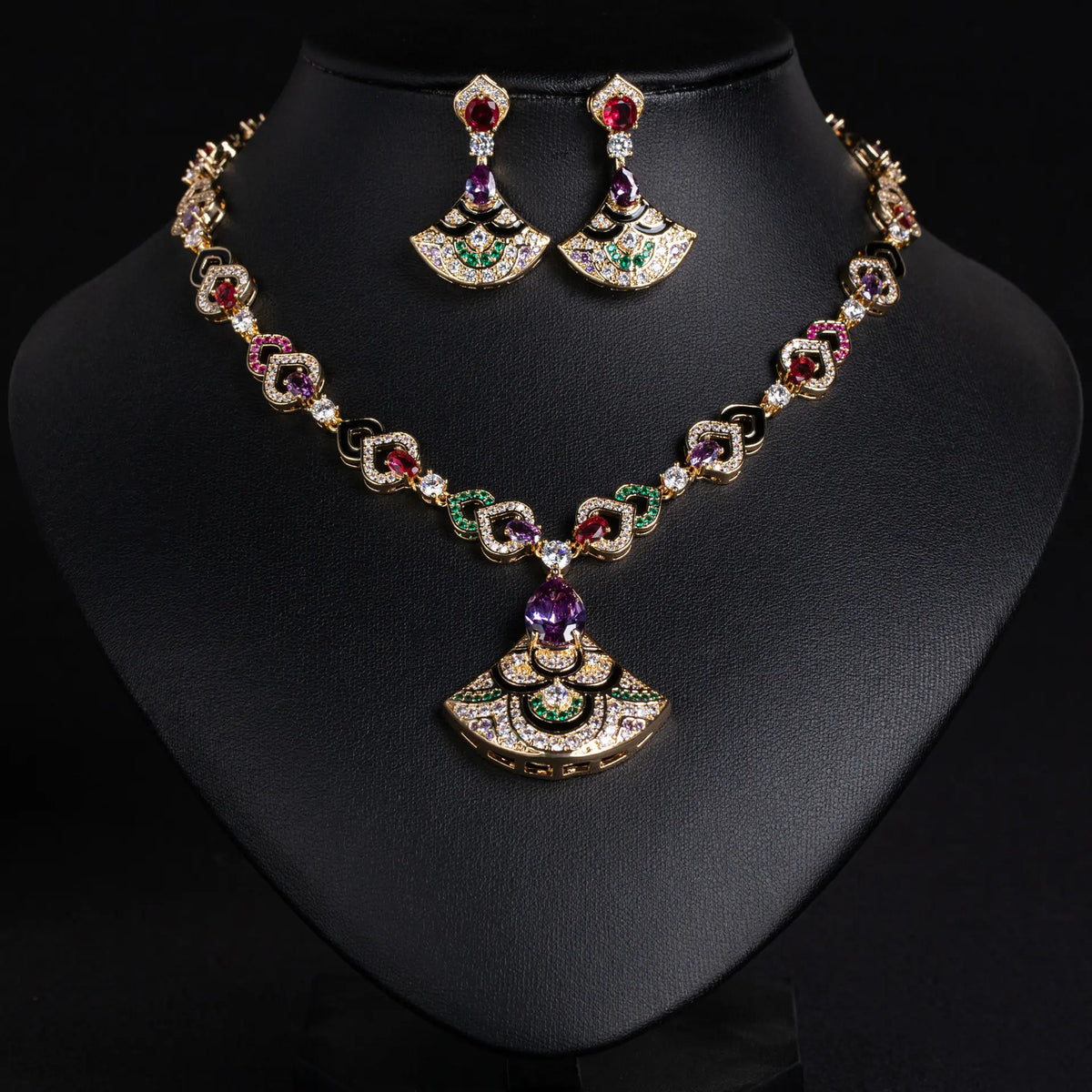Ensemble collier micro-incrusté zircon éventail semi-luxe