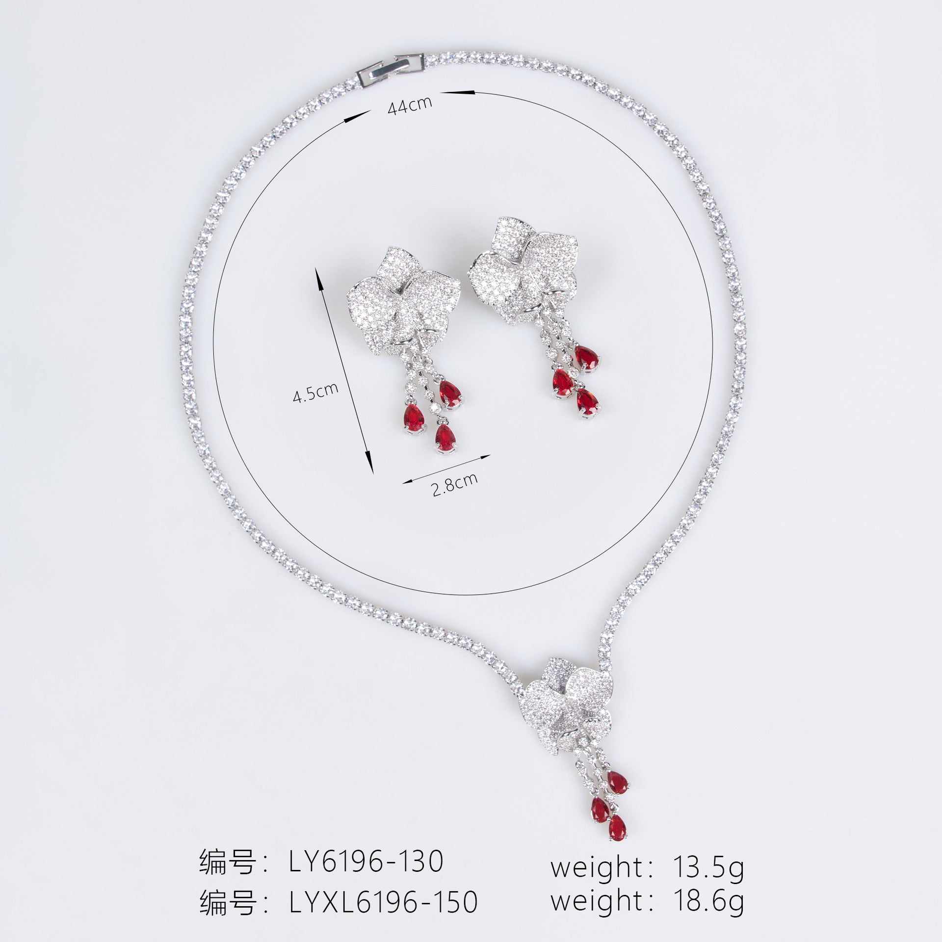 Luxury Silver Flower Ruby Drop Necklace Earrings Set – Elegant Jewelry for Women