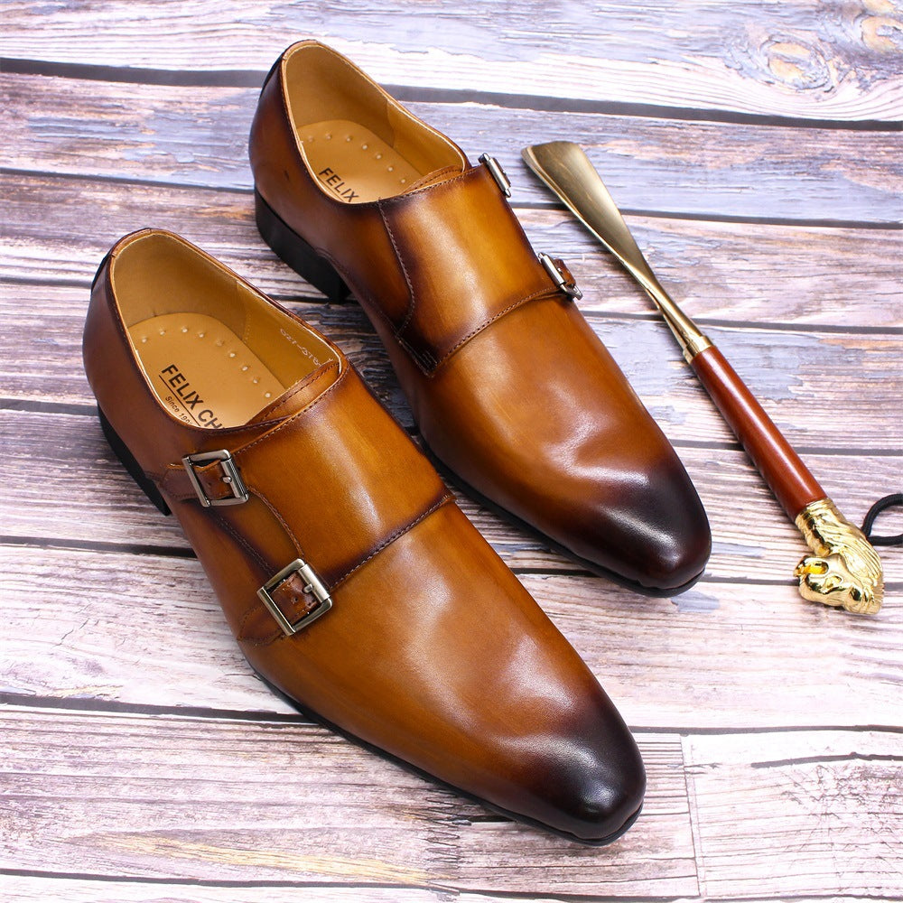 Brown Leather Buckle Men's Loafers Pointed Handmade Leather Shoes