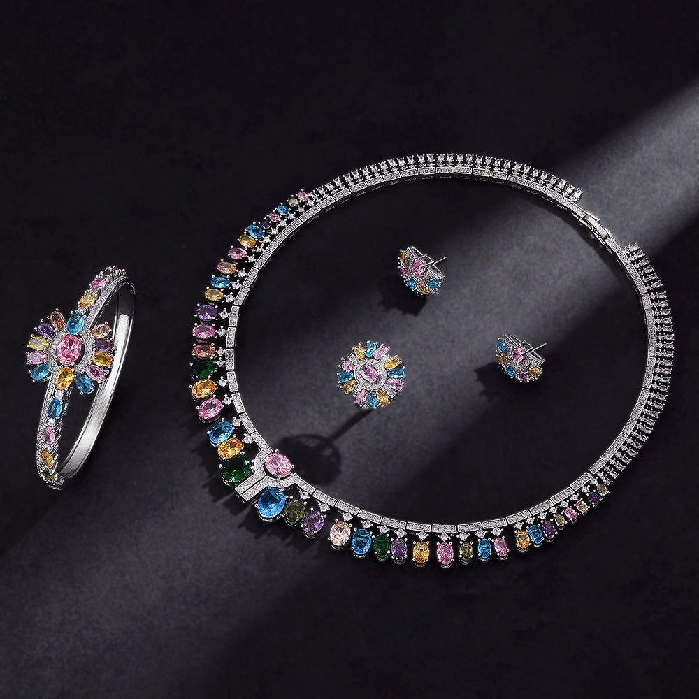 Luxury Rainbow Crystal Statement Jewelry Set – Necklace Earrings Ring Bridal Set