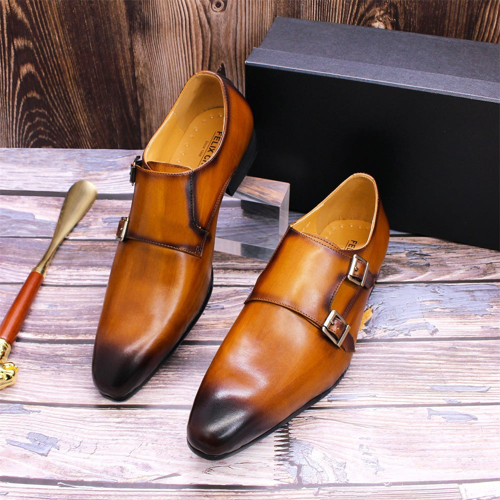 Brown Leather Buckle Men's Loafers Pointed Handmade Leather Shoes