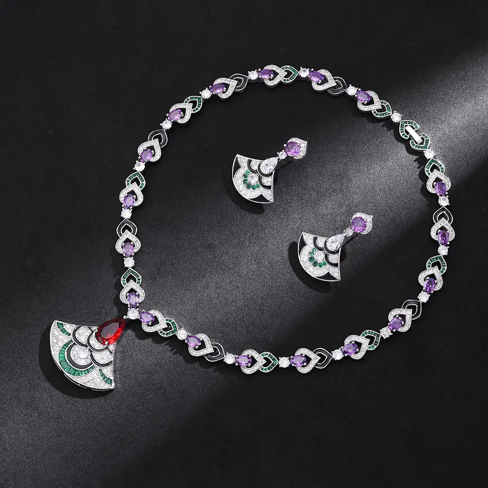 Luxury Green Crystal Necklace Set Gold Plated Copper Alloy Statement Jewelry for Women