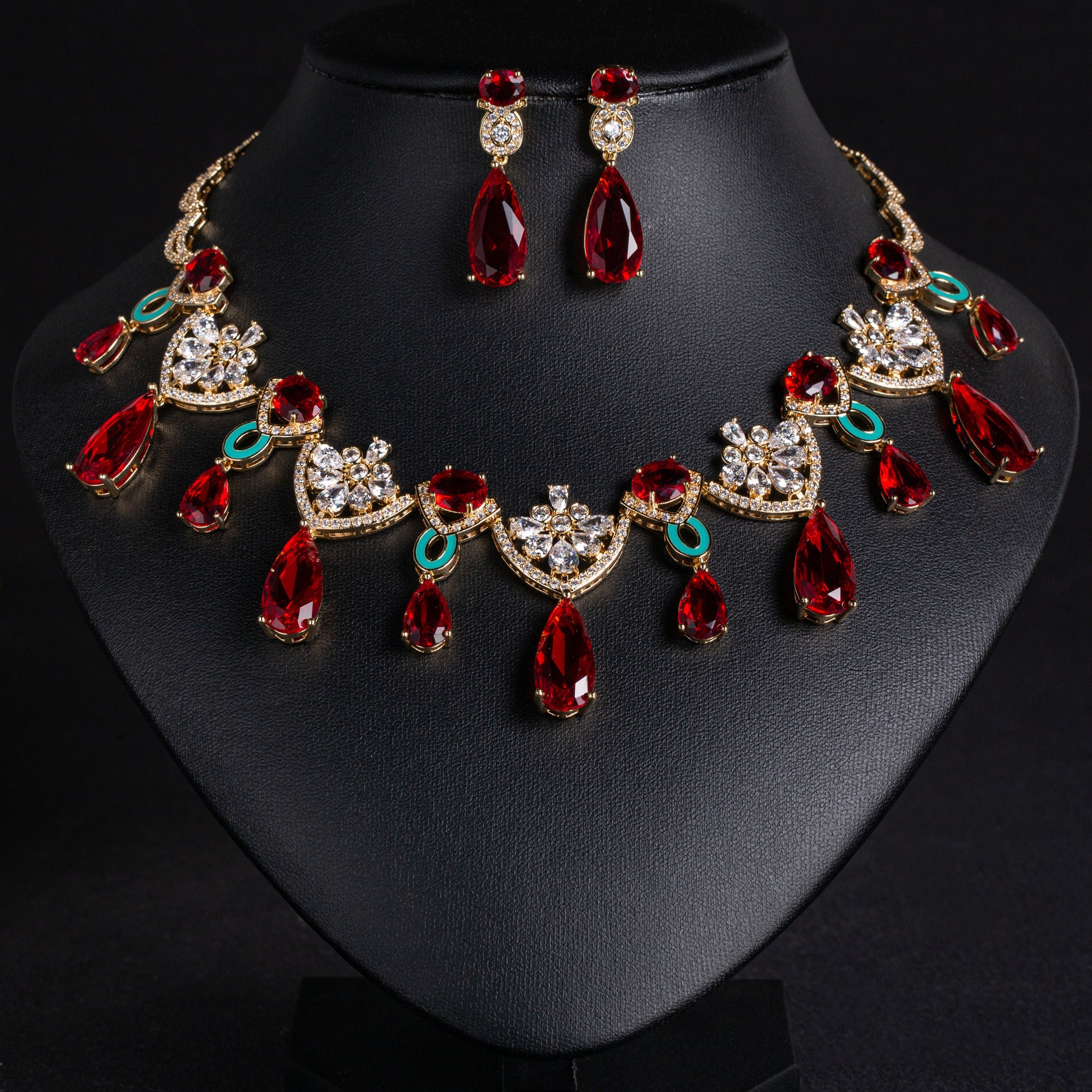 Luxury Multicolor Gemstone Statement Necklace Set for Women – Purple Teardrop Jewelry with Matching Earrings
