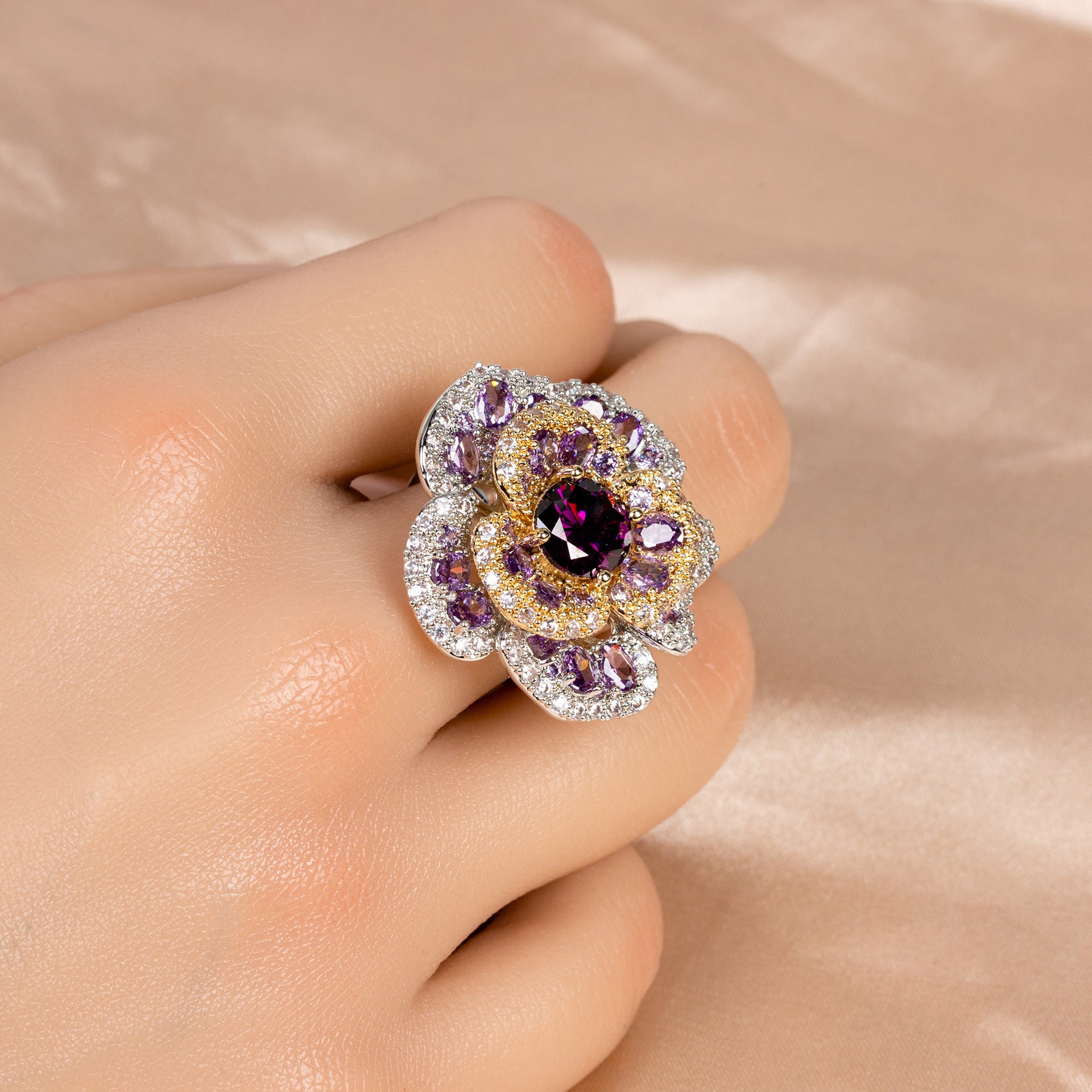Luxury Red Orange Crystal Flower Ring for Women
