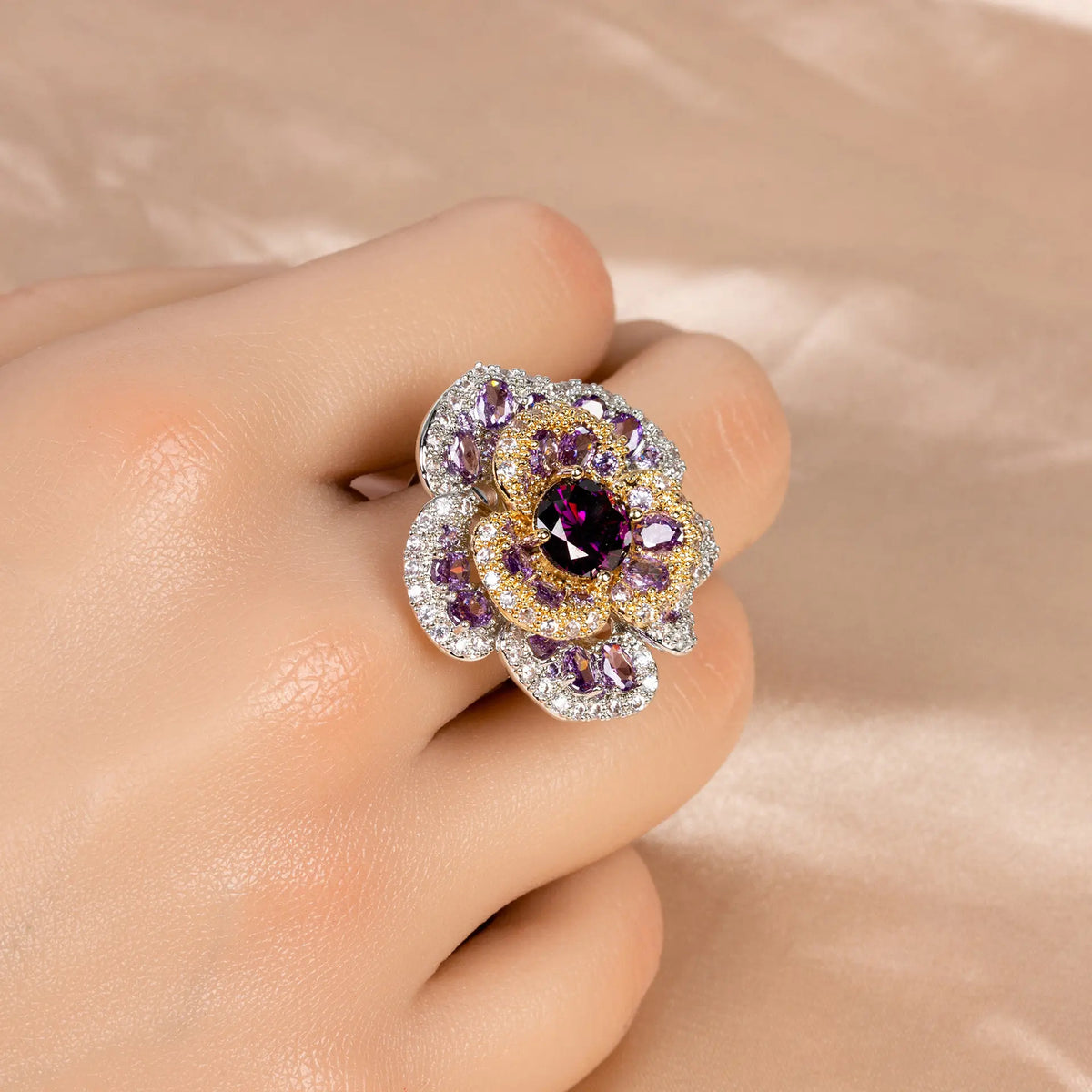 Bague fleur en cristal rouge orangé de luxe pour femme