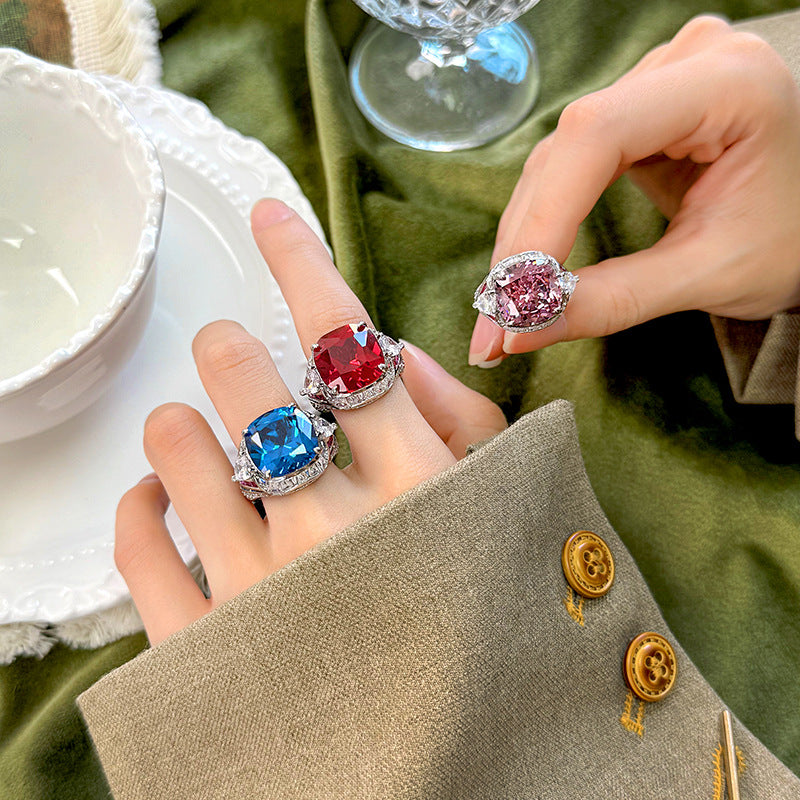 Copper silver plated red corundum square fashion ring