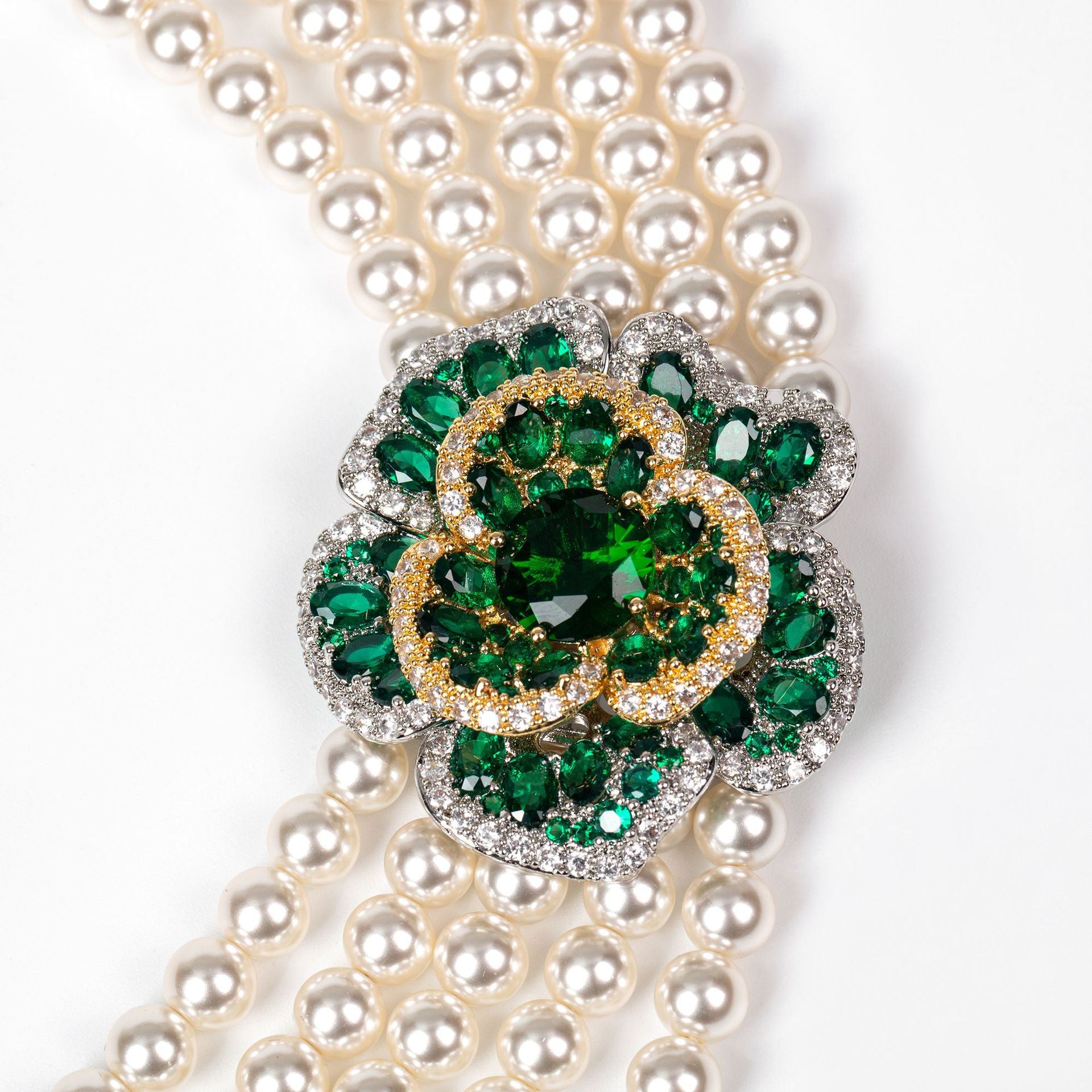 Luxury Multi Strand Pearl Necklace with Emerald Flower Brooch
