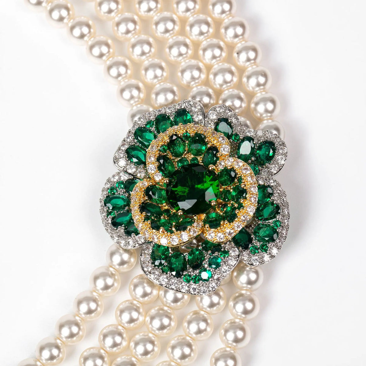 Luxury Multi Strand Pearl Necklace with Emerald Flower Brooch