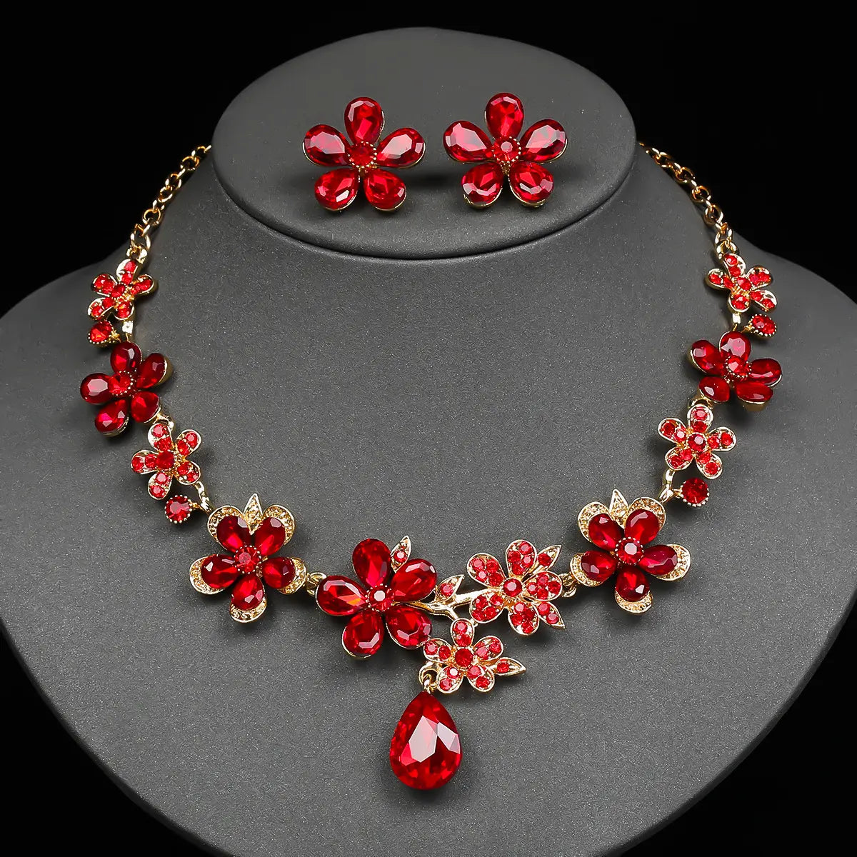Parure Collier Boucles d'Oreilles Fleur en Cristal Vintage