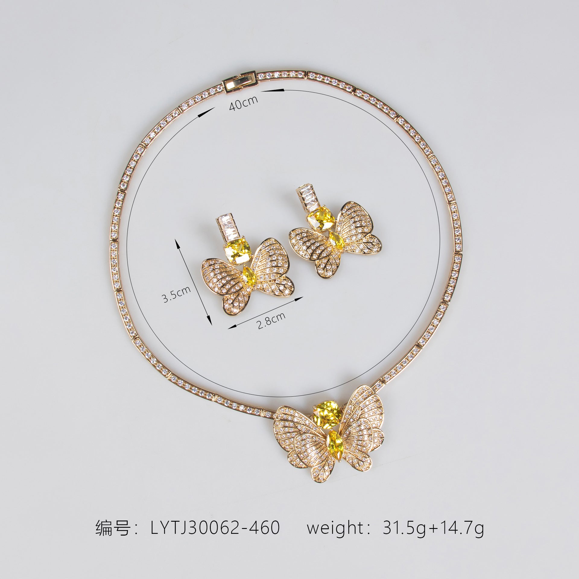 Luxury Yellow Butterfly Crystal Necklace and Earrings Jewelry Set for Women