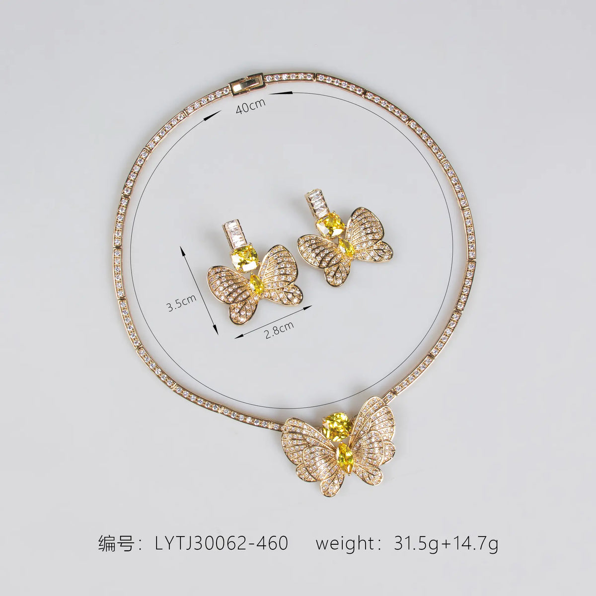 Parure de bijoux de luxe en forme de papillon jaune avec collier et boucles d'oreilles en cristal pour femme