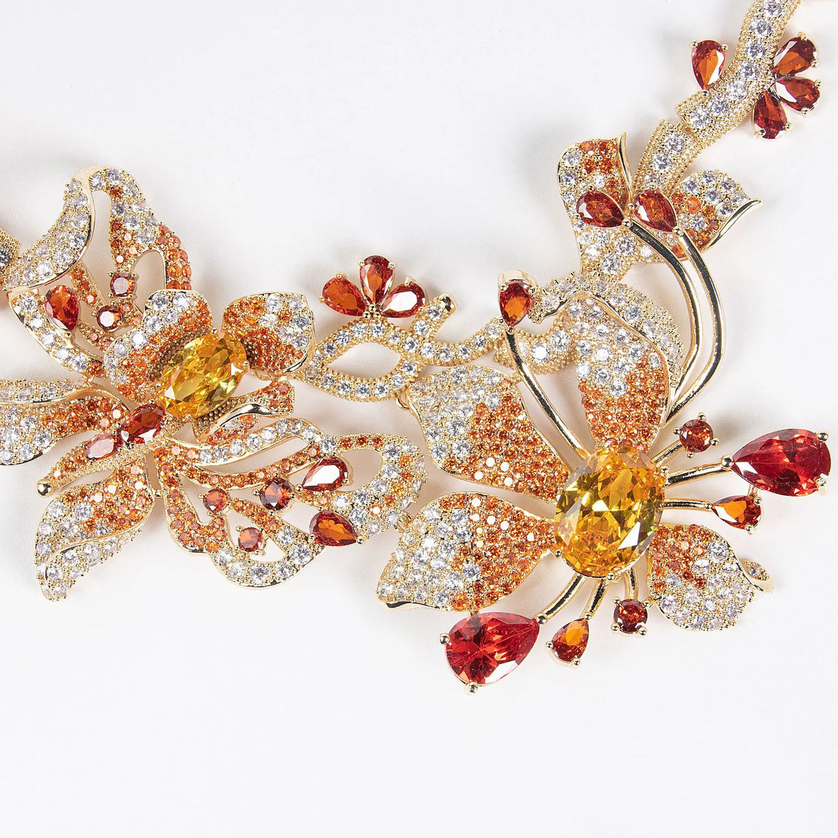 Parure Collier et Boucles d'Oreilles de Luxe en Cristal Jaune Citrine pour Soirée de Gala