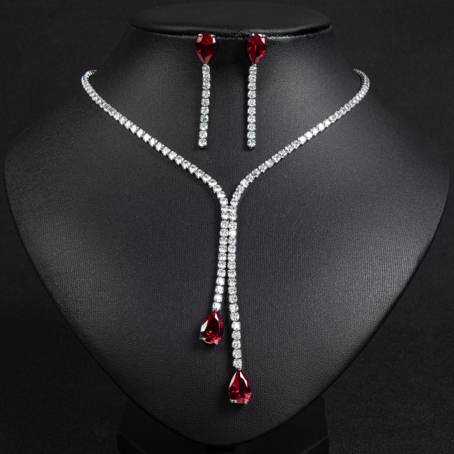 Elegant Red Teardrop Crystal Necklace and Earrings Set – Luxury Statement Jewelry