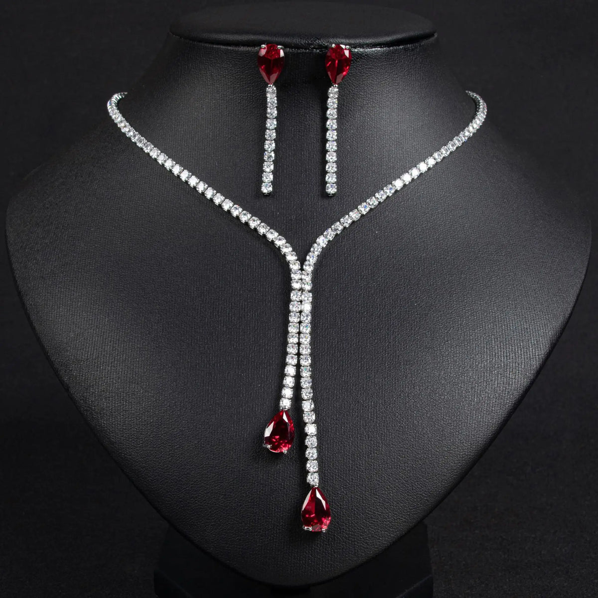 Elegant Red Teardrop Crystal Necklace and Earrings Set – Luxury Statement Jewelry