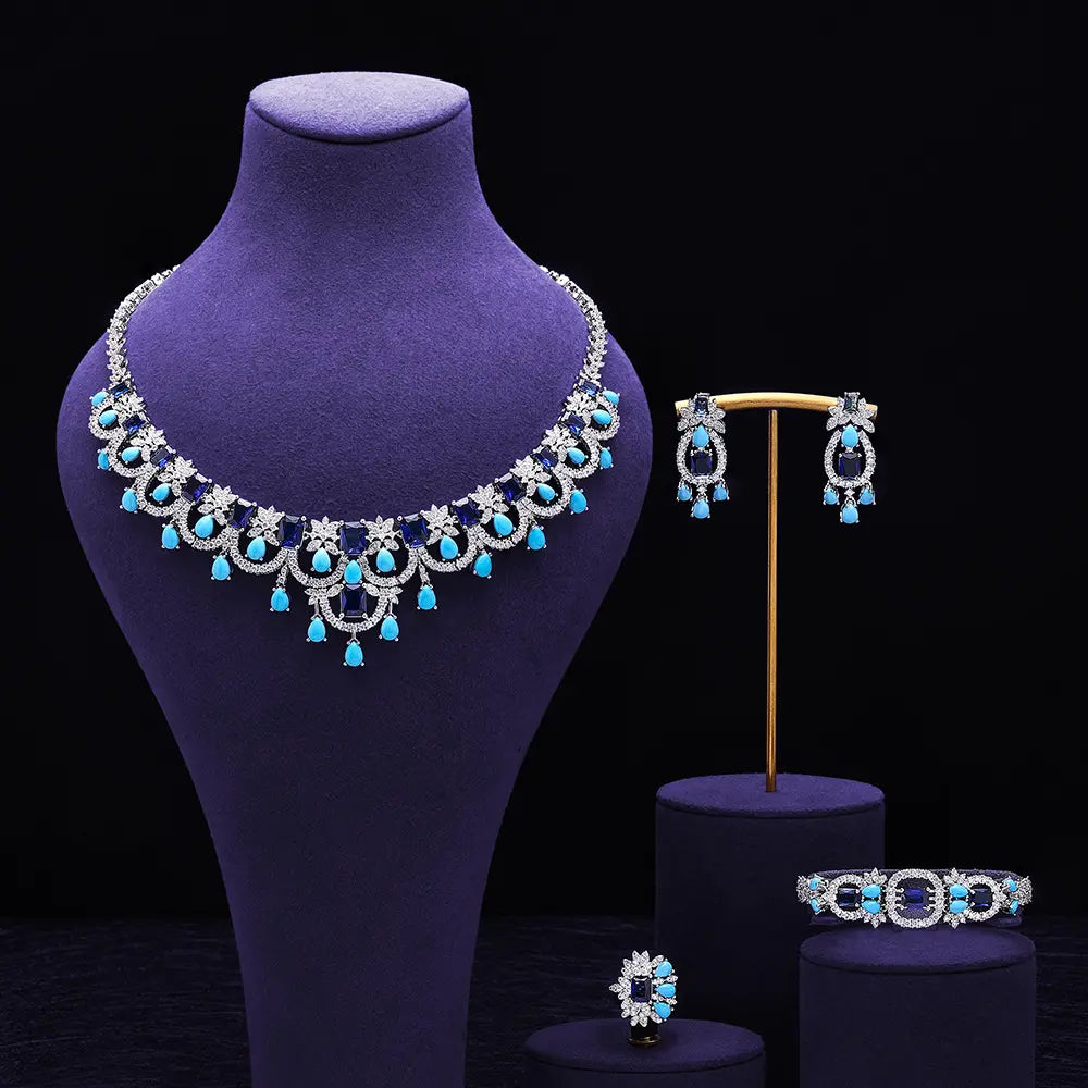 Schmuckset Luxus Rosa Türkis Kristall Halskette Ohrringe Armband Ring