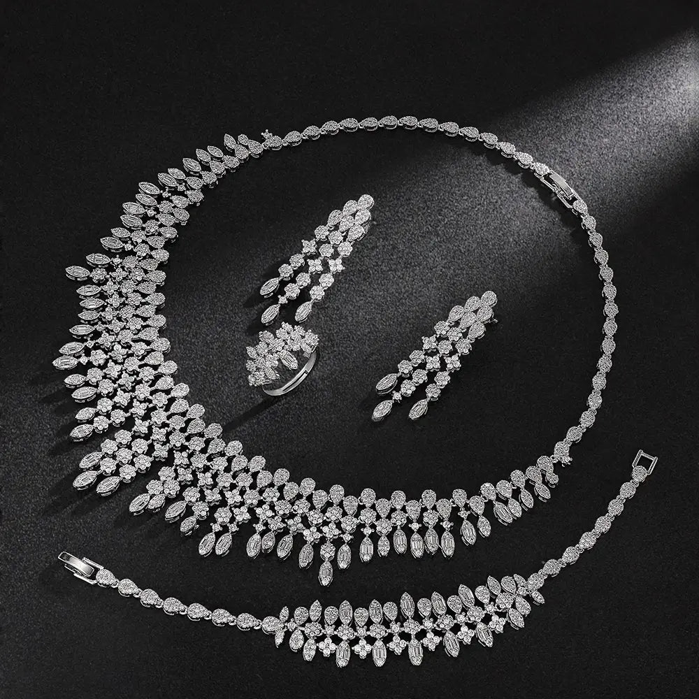 Luxury Crystal Fringe Necklace Set Silver Tone Statement Jewelry Set Earrings Ring Bridal Wedding Jewelry for Women