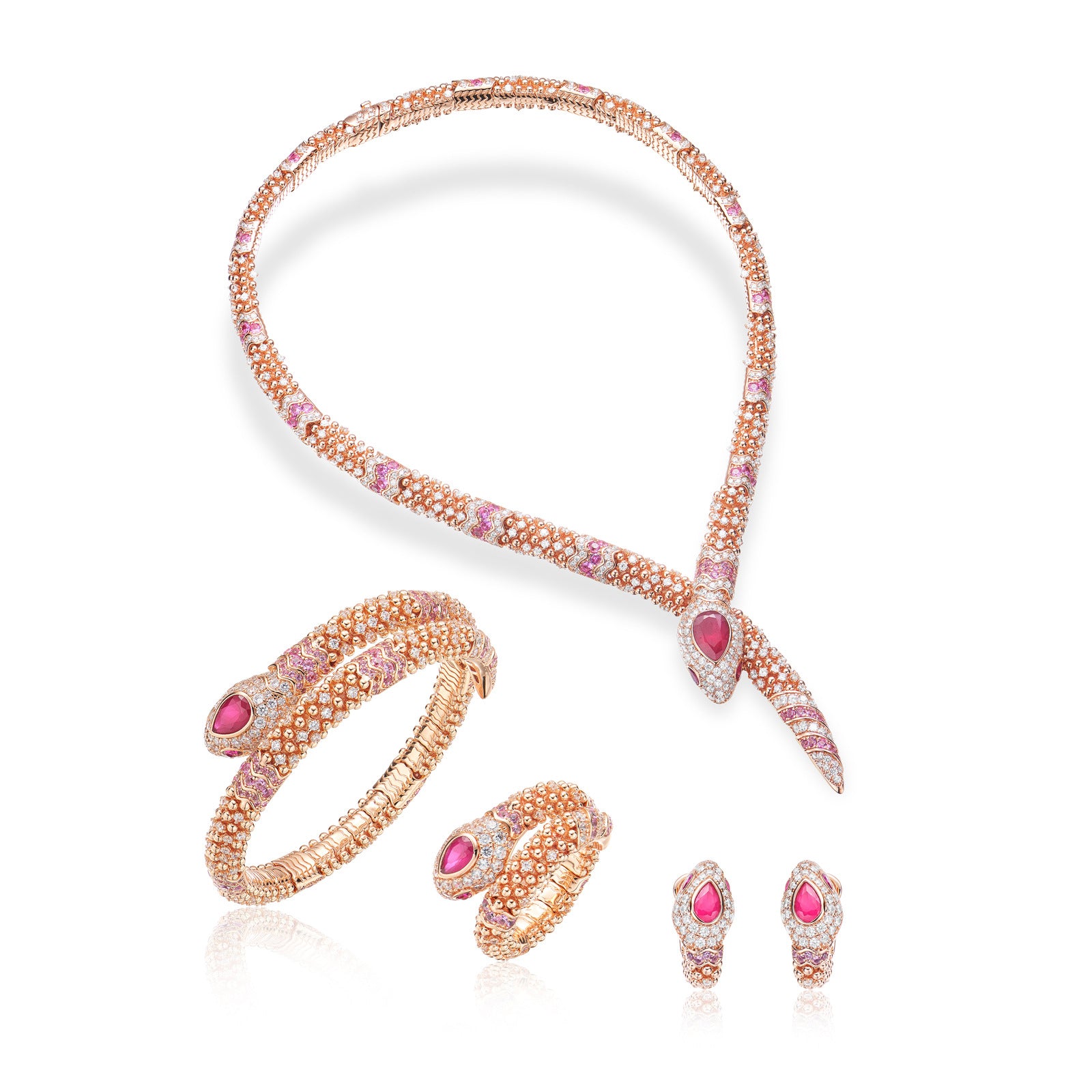 Designer Rose Gold Snake Chain Jewelry Set with Ruby Drop Stones