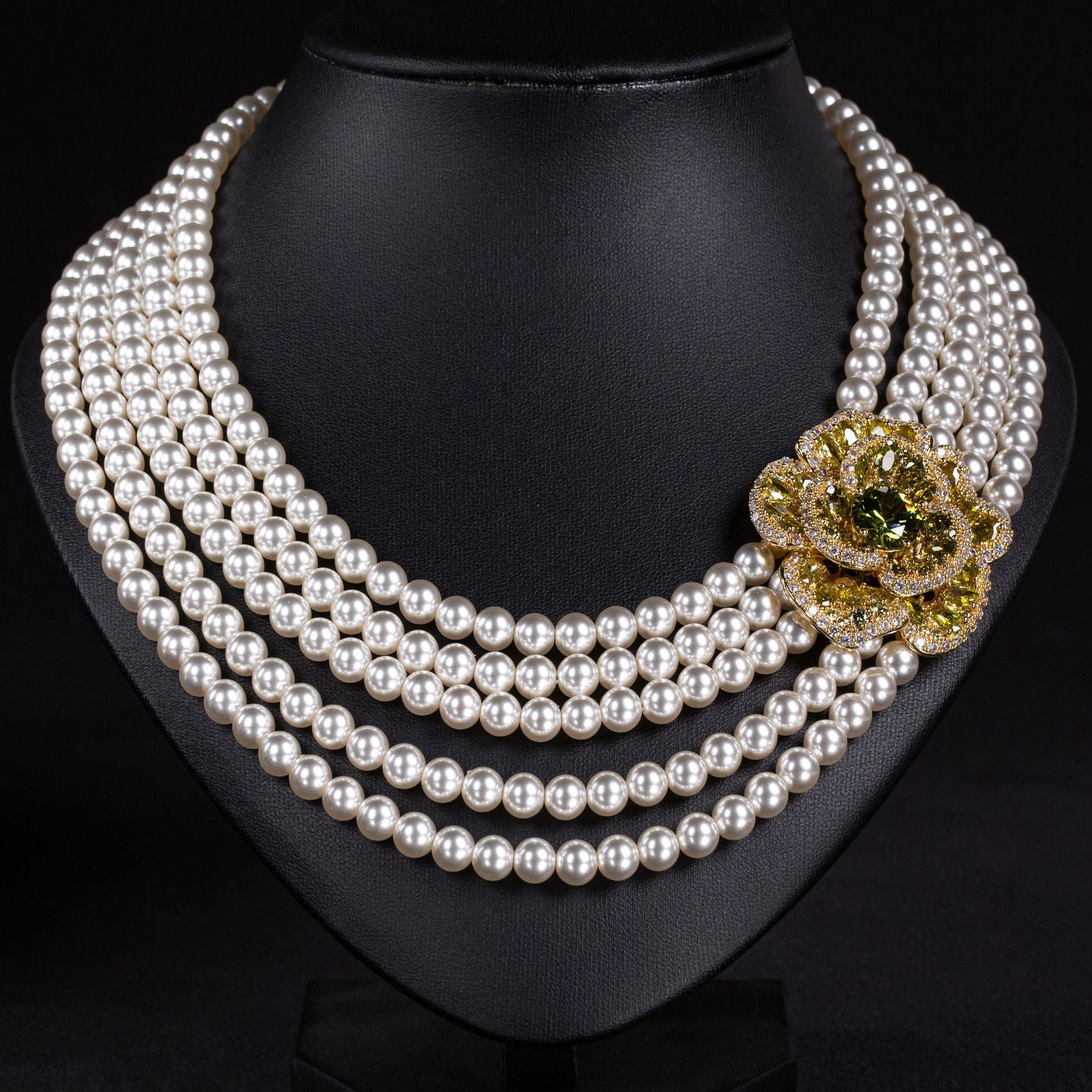 Luxury Multi Strand Pearl Necklace with Emerald Flower Brooch