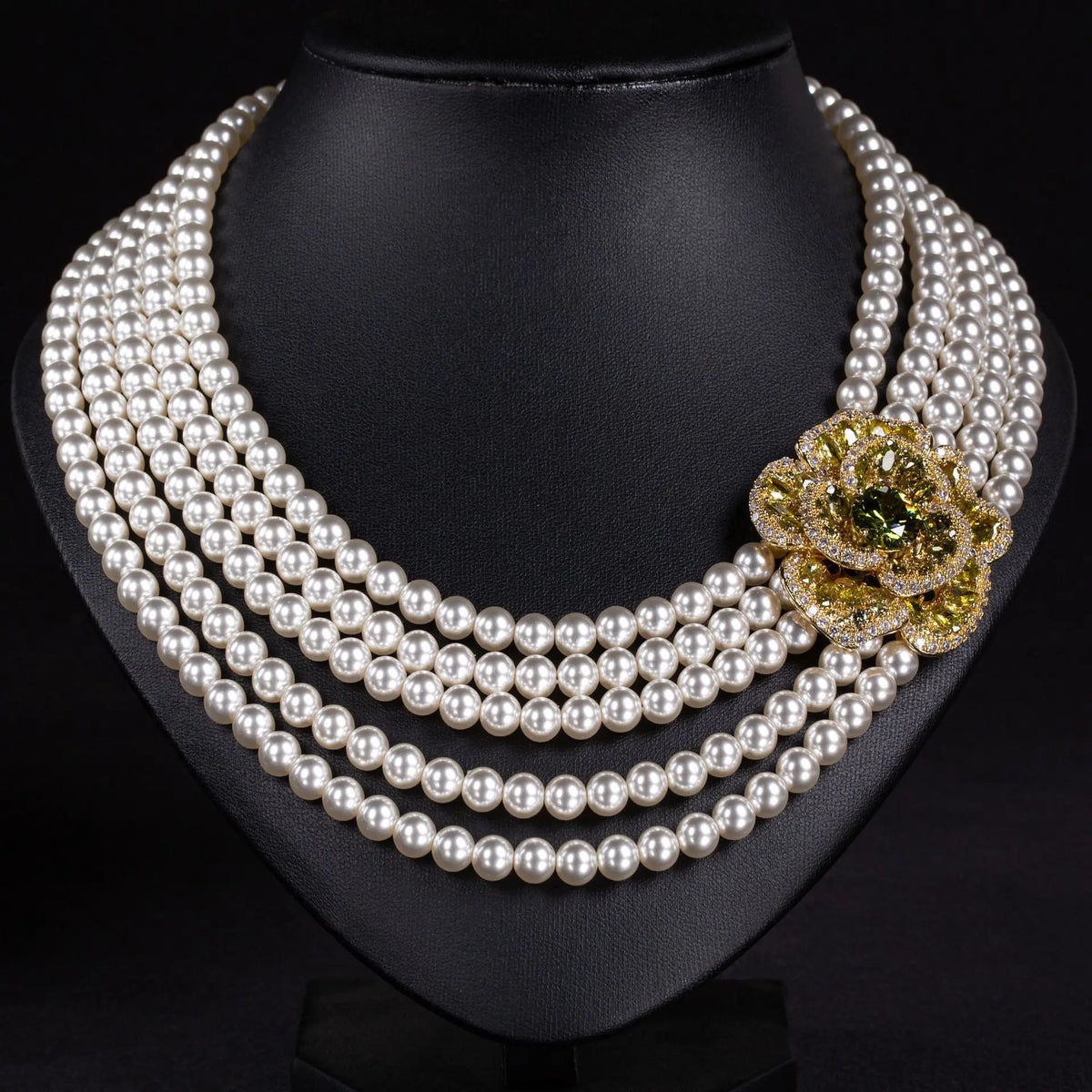 Luxury Multi Strand Pearl Necklace with Emerald Flower Brooch