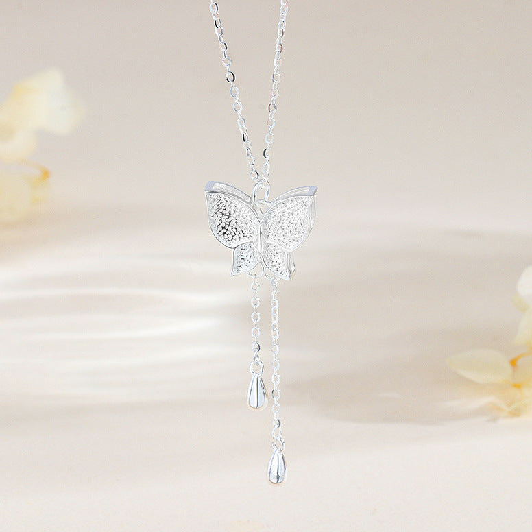 S925 sterling silver water drop fringed butterfly necklace