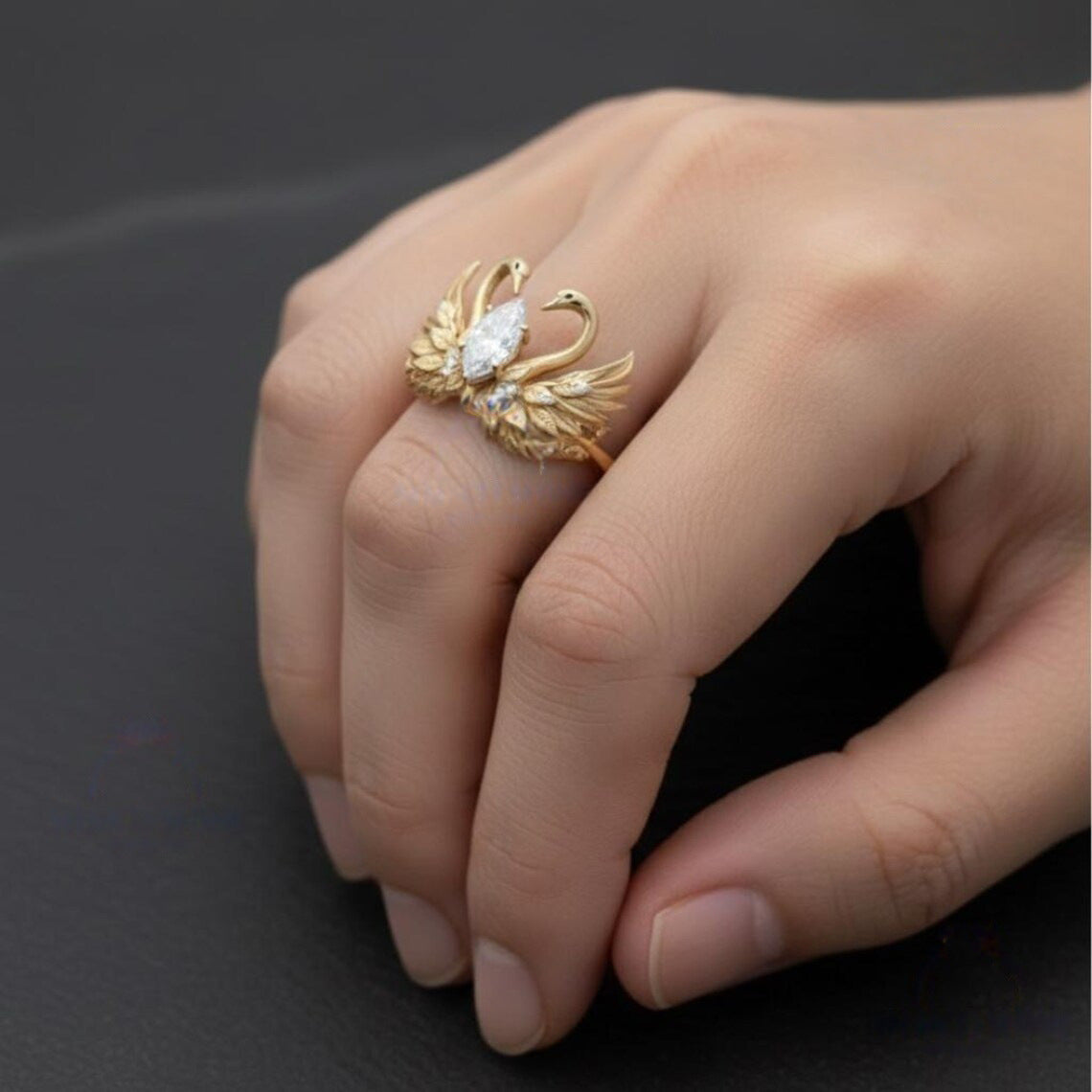 Elegant Gold Swan Ring – Marquise Cut Crystal Open Ring for Women