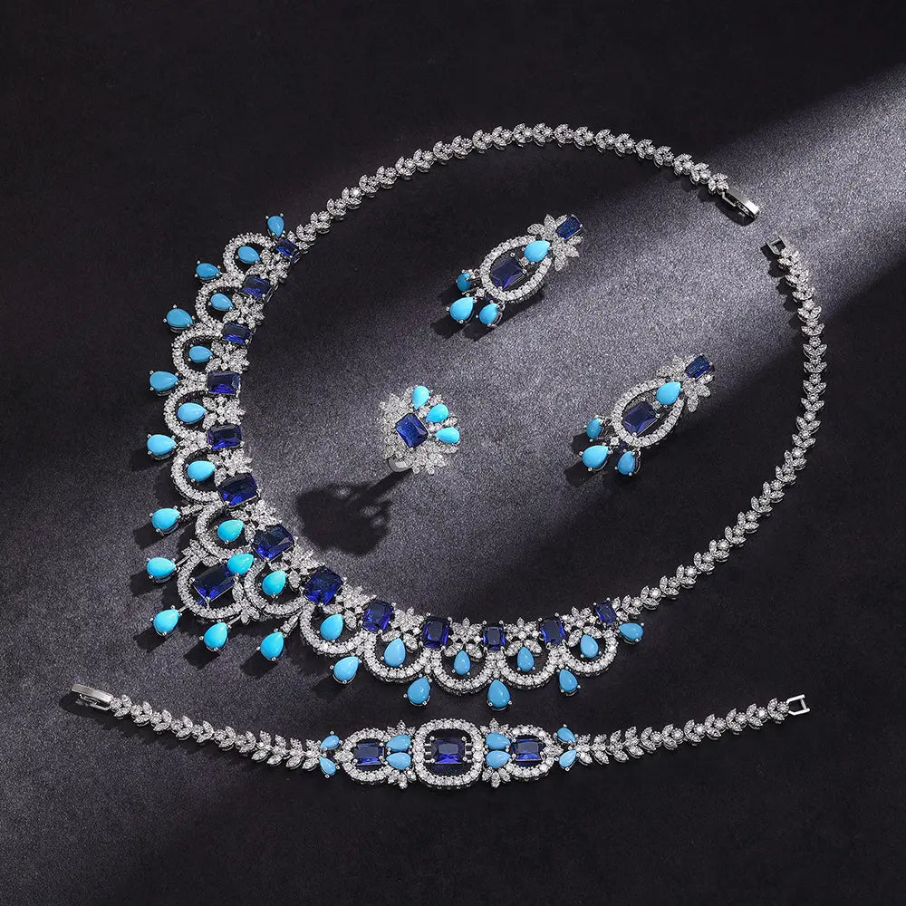 Schmuckset Luxus Rosa Türkis Kristall Halskette Ohrringe Armband Ring