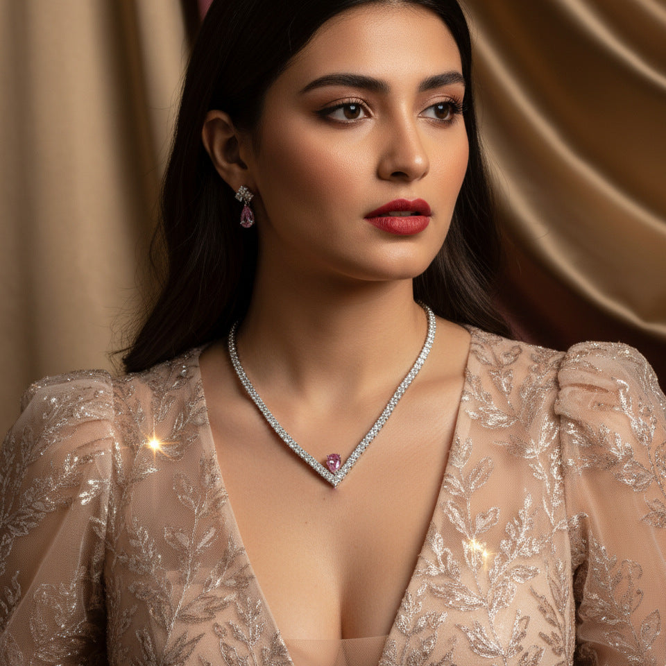 Luxury Pink Teardrop Crystal Necklace and Earrings Jewelry Set for Women