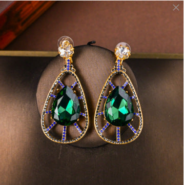 Premium malachite green rhinestone hollow water drop stud earrings