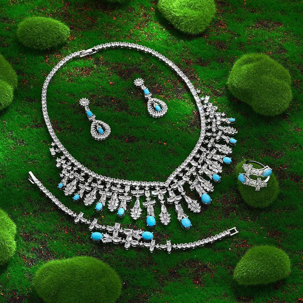 Luxury Silver Crystal Turquoise Blue Jewelry Set Necklace Earrings Ring Bracelet Bridal Wedding Statement Set for Women