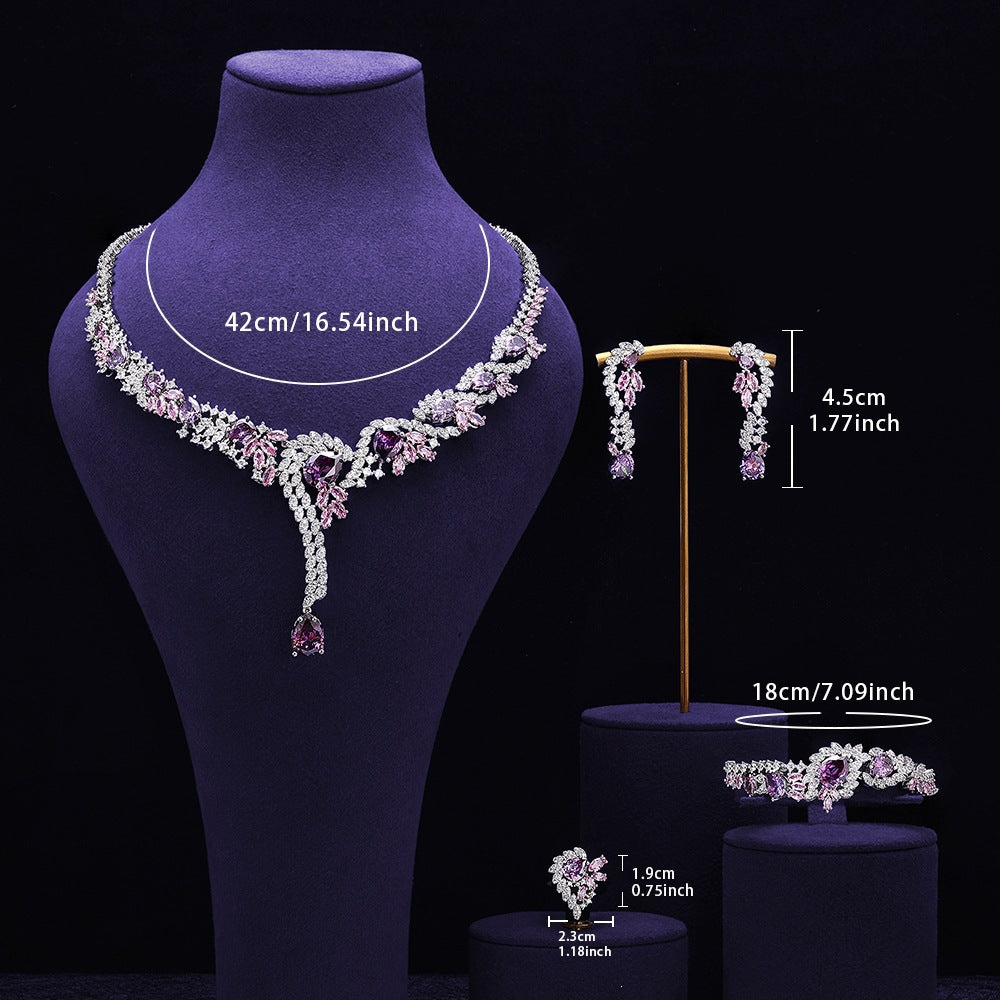 Luxury Pink Crystal Floral Jewelry Set – Necklace Earrings Bracelet Ring for Women
