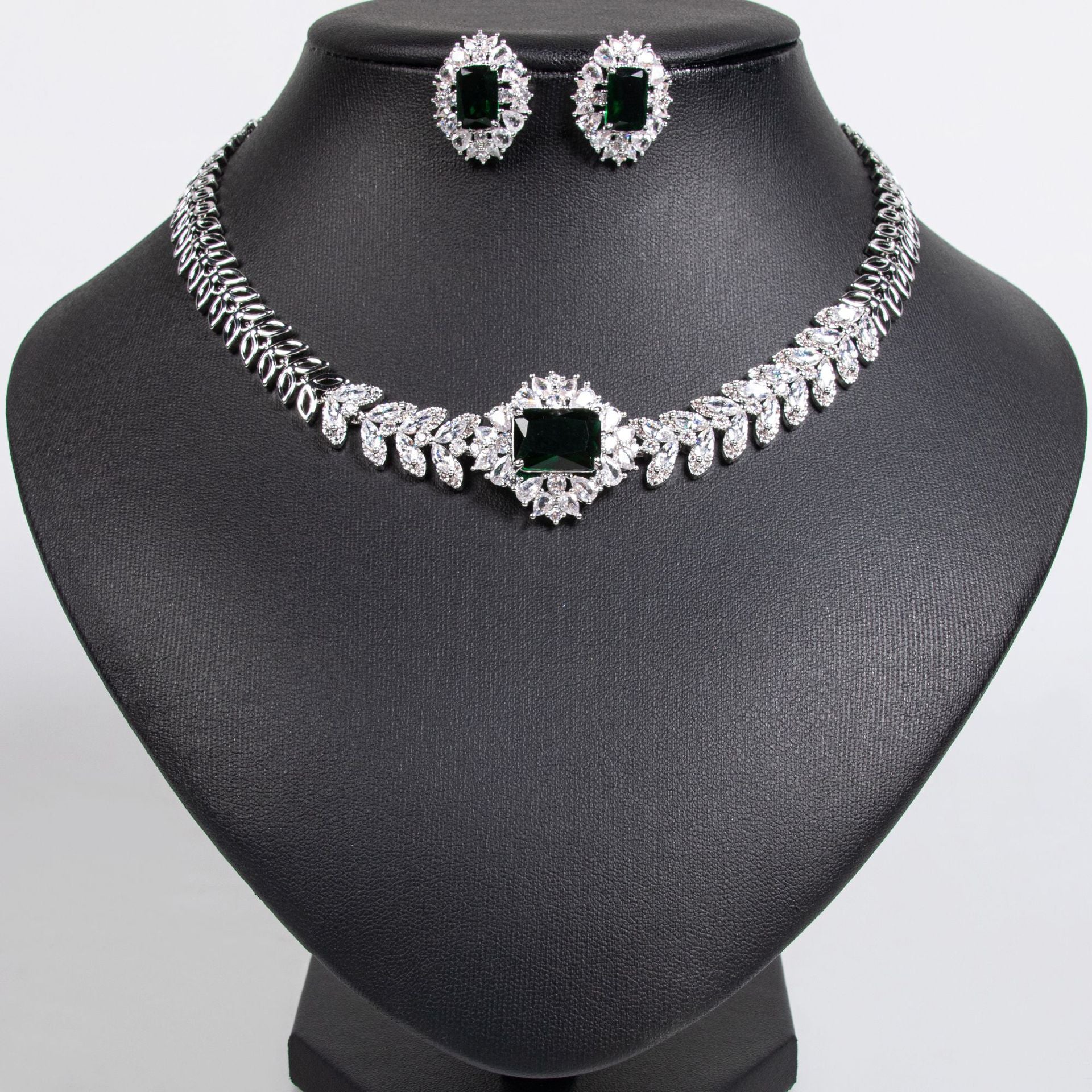 Luxury Red Rectangular Crystal Necklace and Earrings Jewelry Set for Women