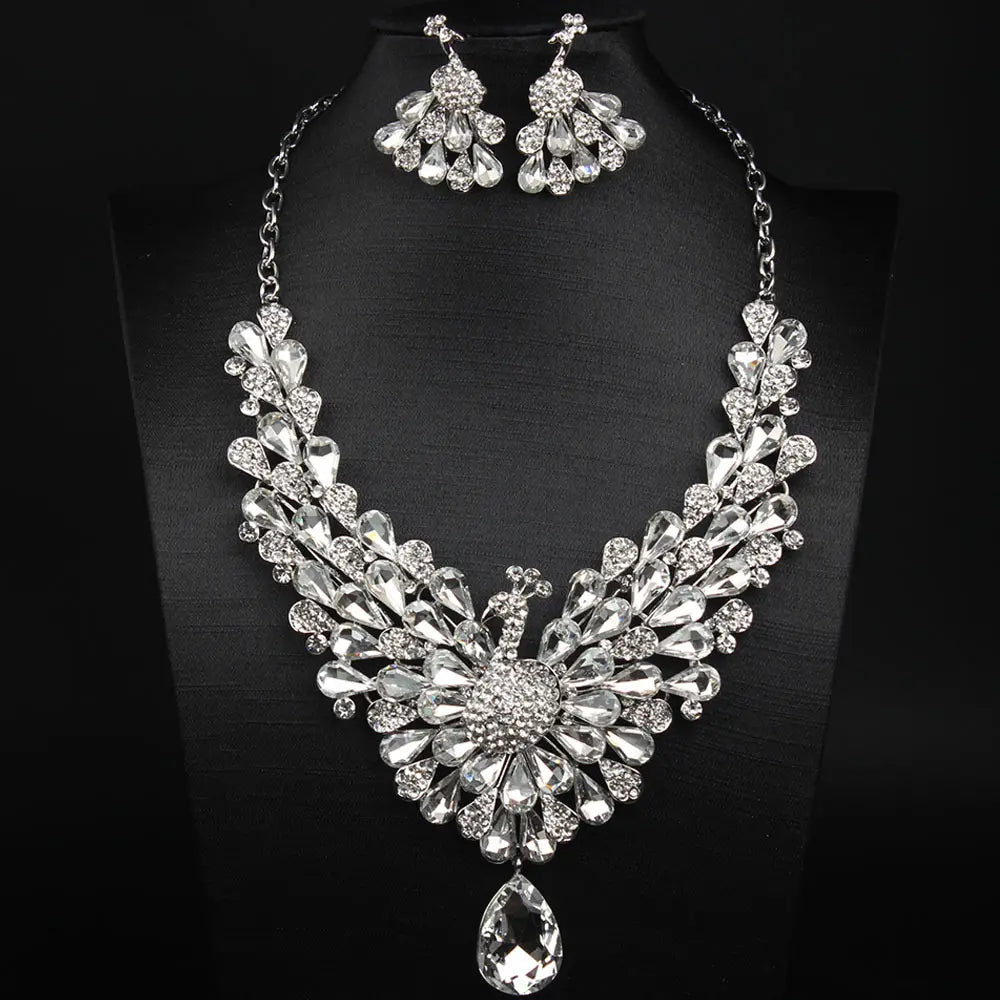 Luxury Emerald Green Peacock Crystal Necklace and Earrings Jewelry Set