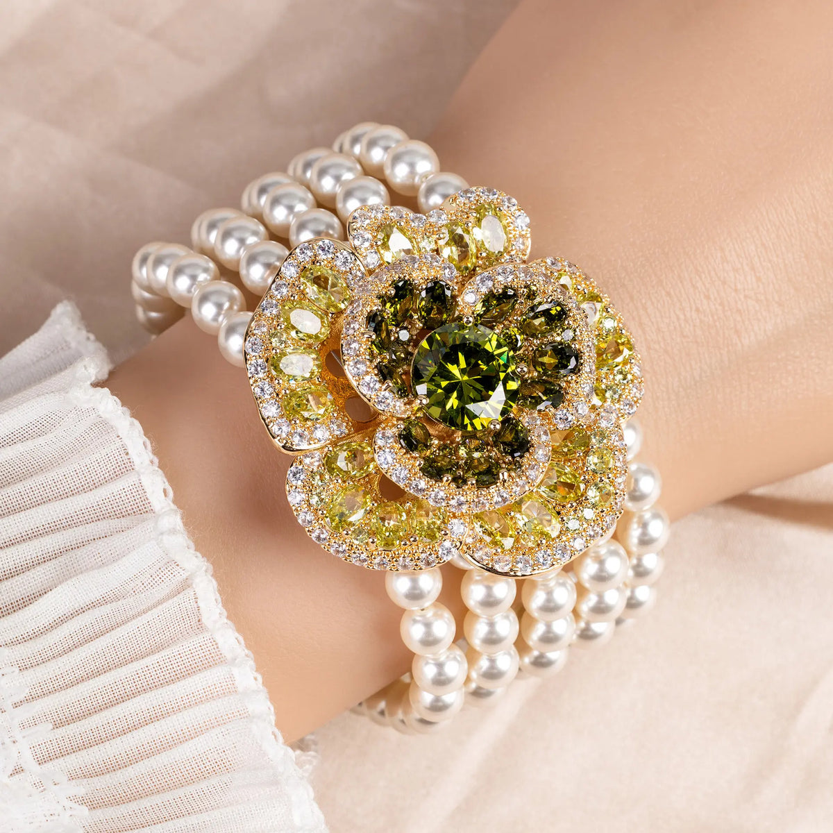 Bracelet de luxe en cristal rouge orange avec perle et fleur pour femme