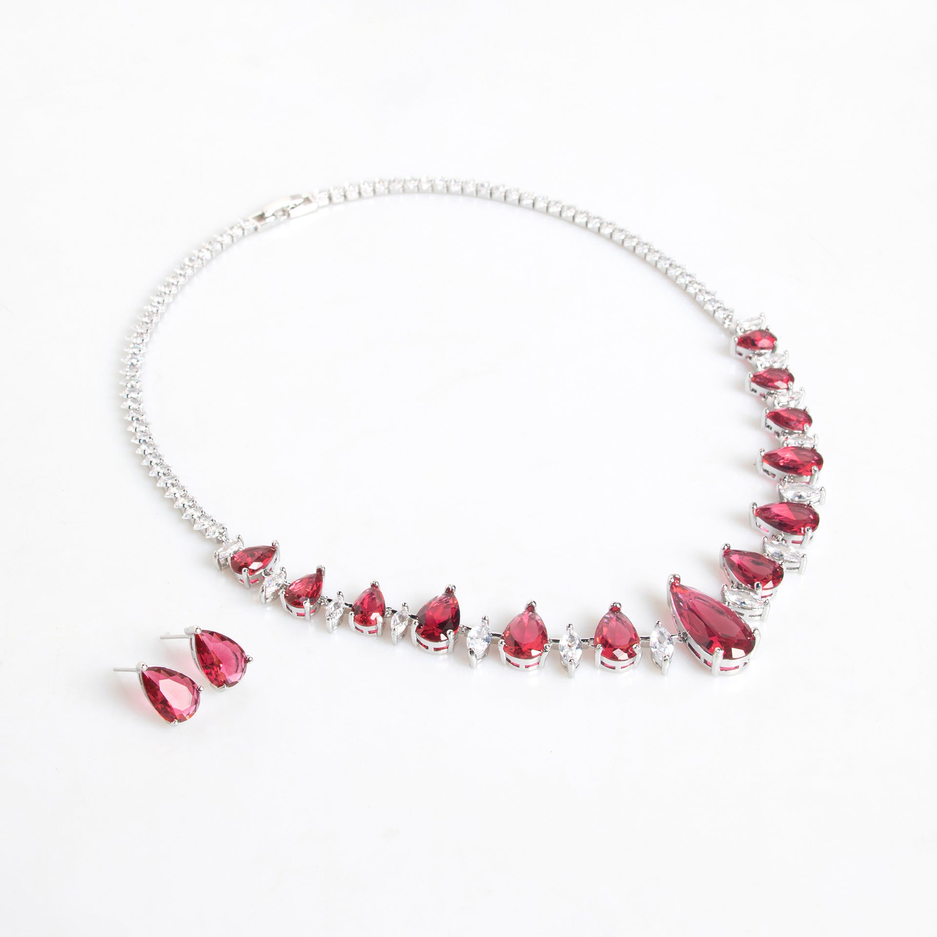 Luxury Deep Red Teardrop Gemstone Necklace Set for Women – Elegant Jewelry with Matching Earrings