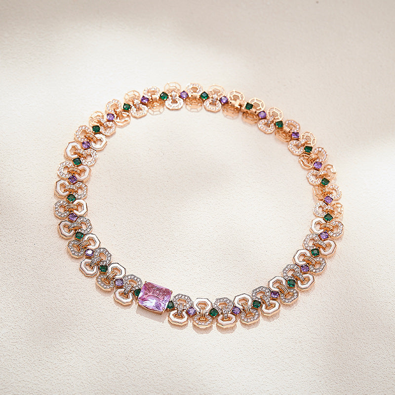 Luxury Rose Gold Geometric Crystal Necklace and Earrings Set for Women