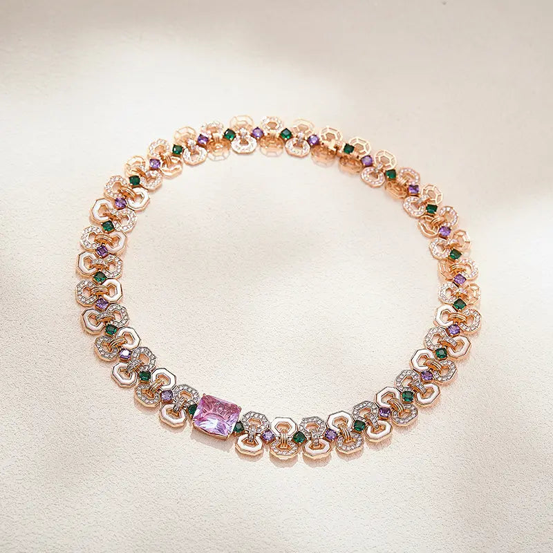 Luxury Rose Gold Geometric Crystal Necklace and Earrings Set for Women