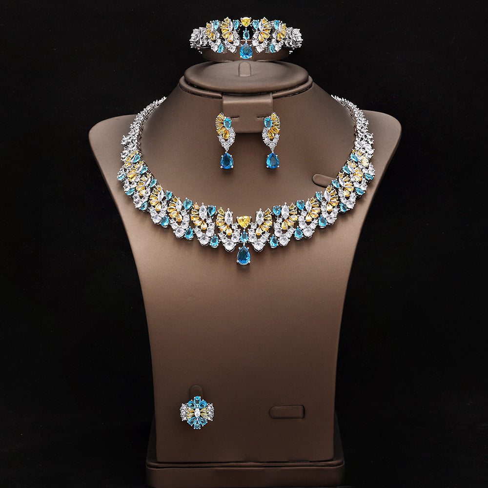 Luxury Blue Yellow Crystal Bridal Jewelry Set – Necklace Earrings Ring Tiara Set