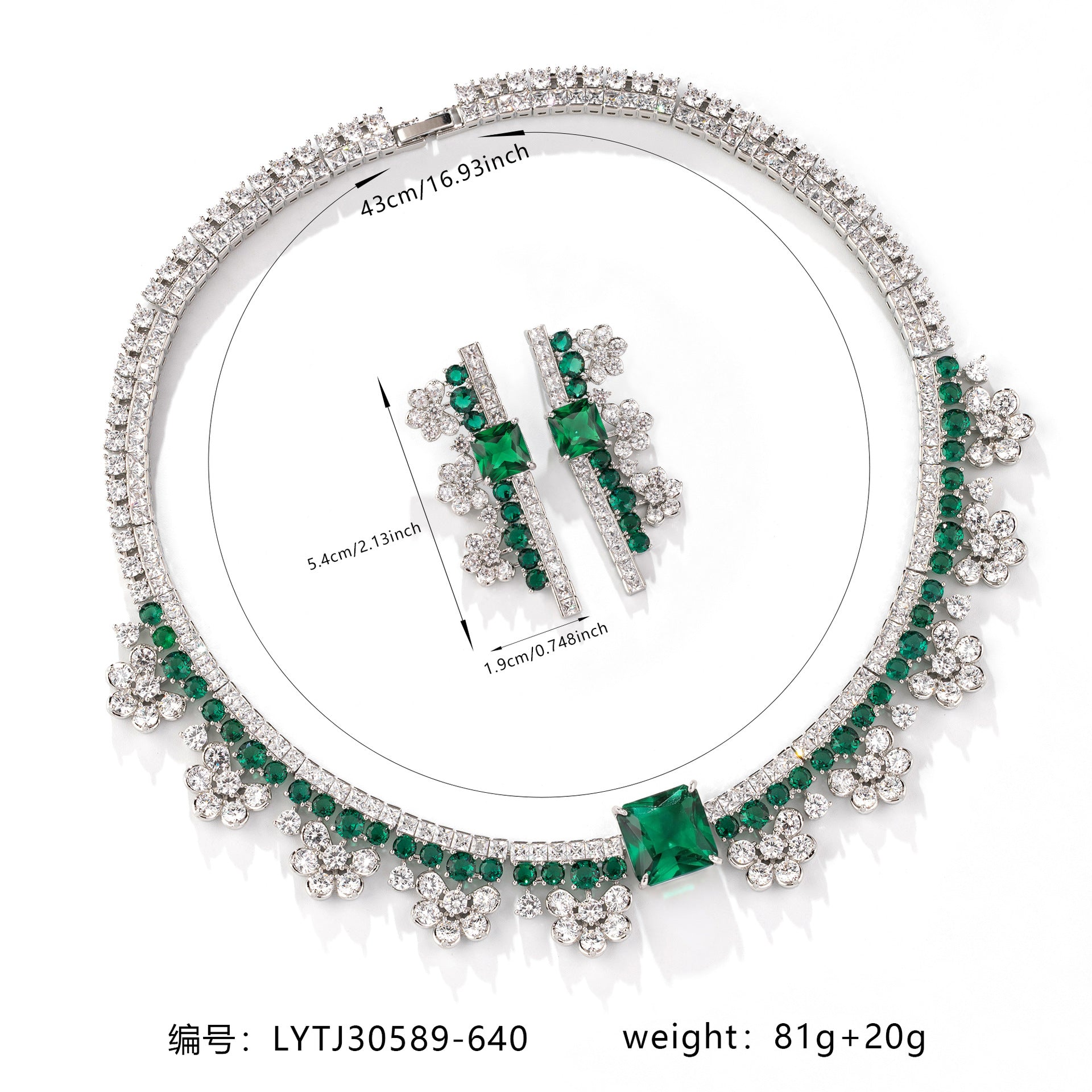 High-End Green Crystal Necklace Set – Sparkling Floral Jewelry with Matching Earrings