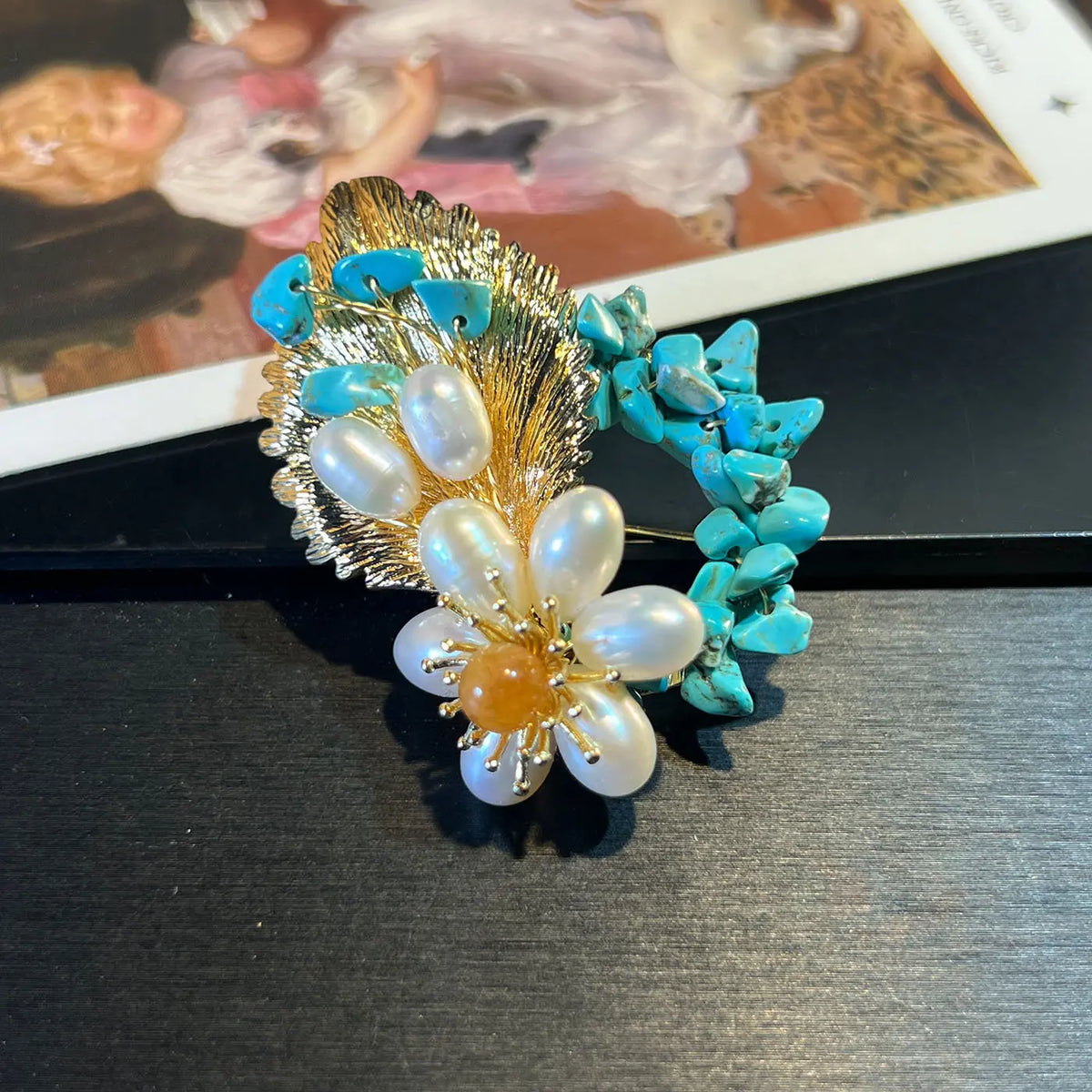 Parure Collier Boucles d'Oreilles Bracelet Broche Perles Baroques Naturelles Turquoise