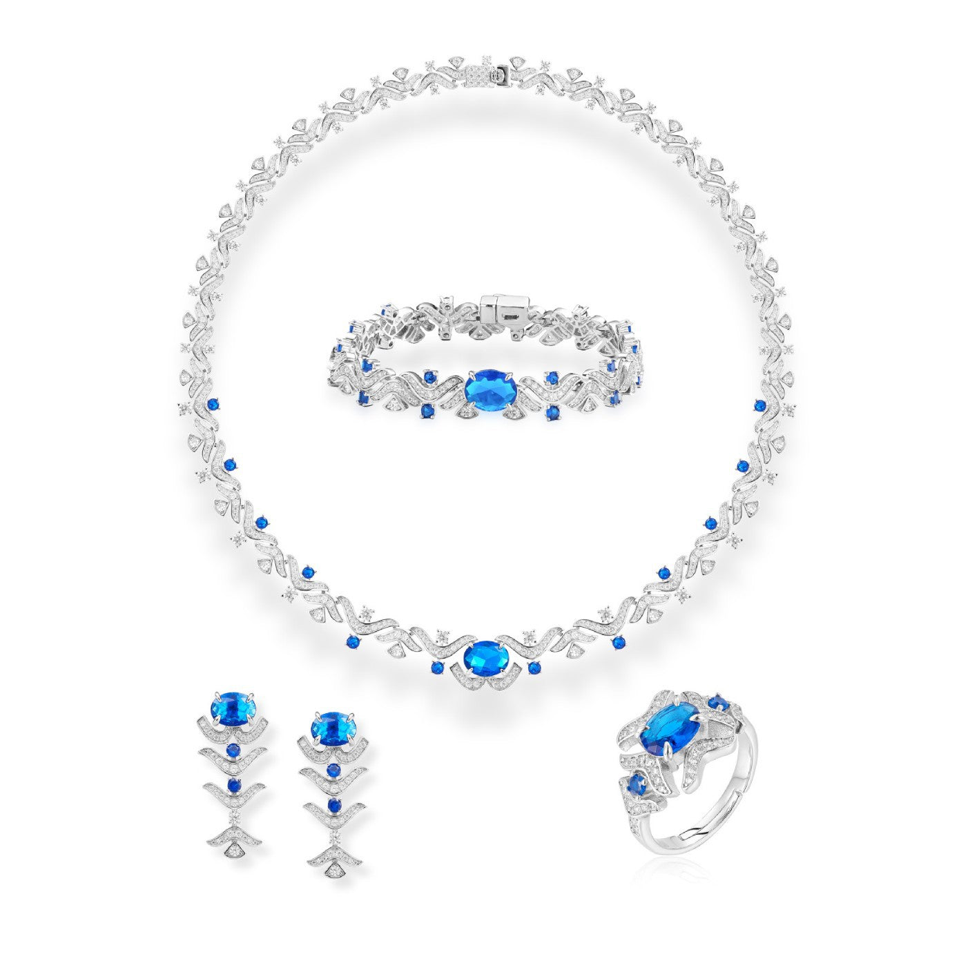 Luxury Sapphire Blue Crystal Jewelry Set – Necklace Earrings Bracelet Ring for Women