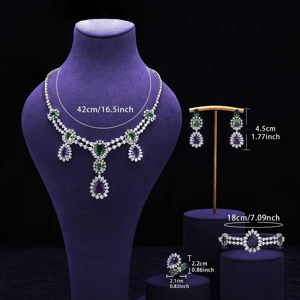 Luxus Lila Grüne Kristall Halskette Ohrringe Armband Ring Schmuckset