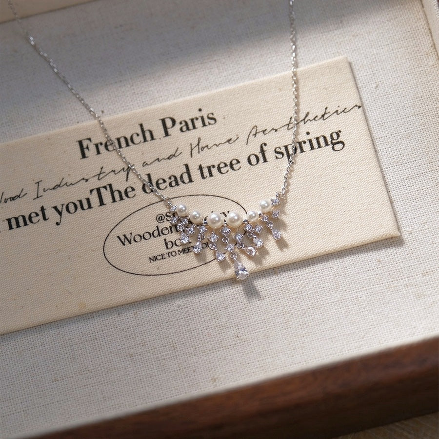 S925 Sterling Silver Water Drop Fringed Pearl Necklace