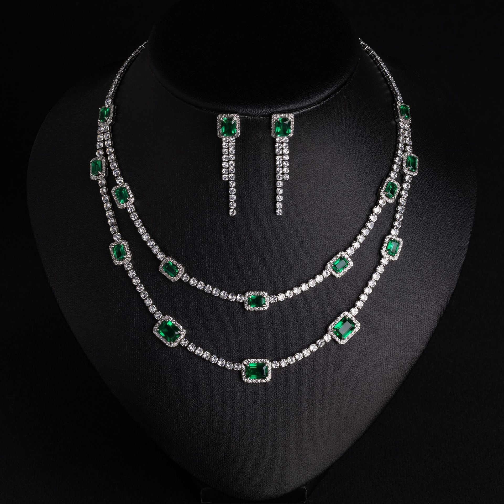 Luxury Ruby Crystal Necklace Earrings Set – Sparkling Silver Statement Jewelry