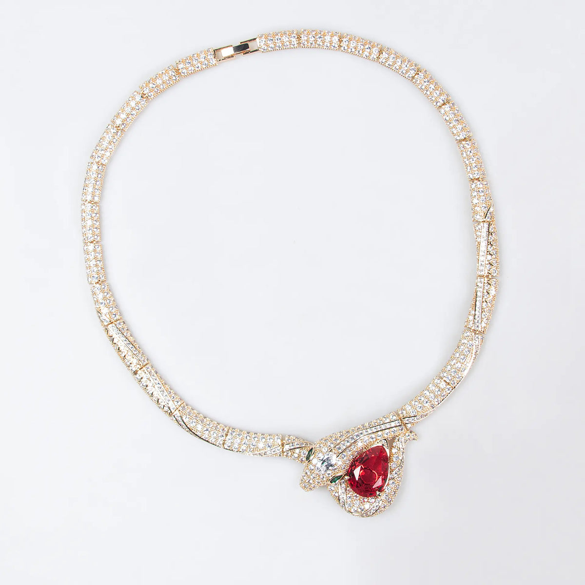 Luxury Red Crystal Bird Pendant Necklace Set – Sparkling Gold Earrings