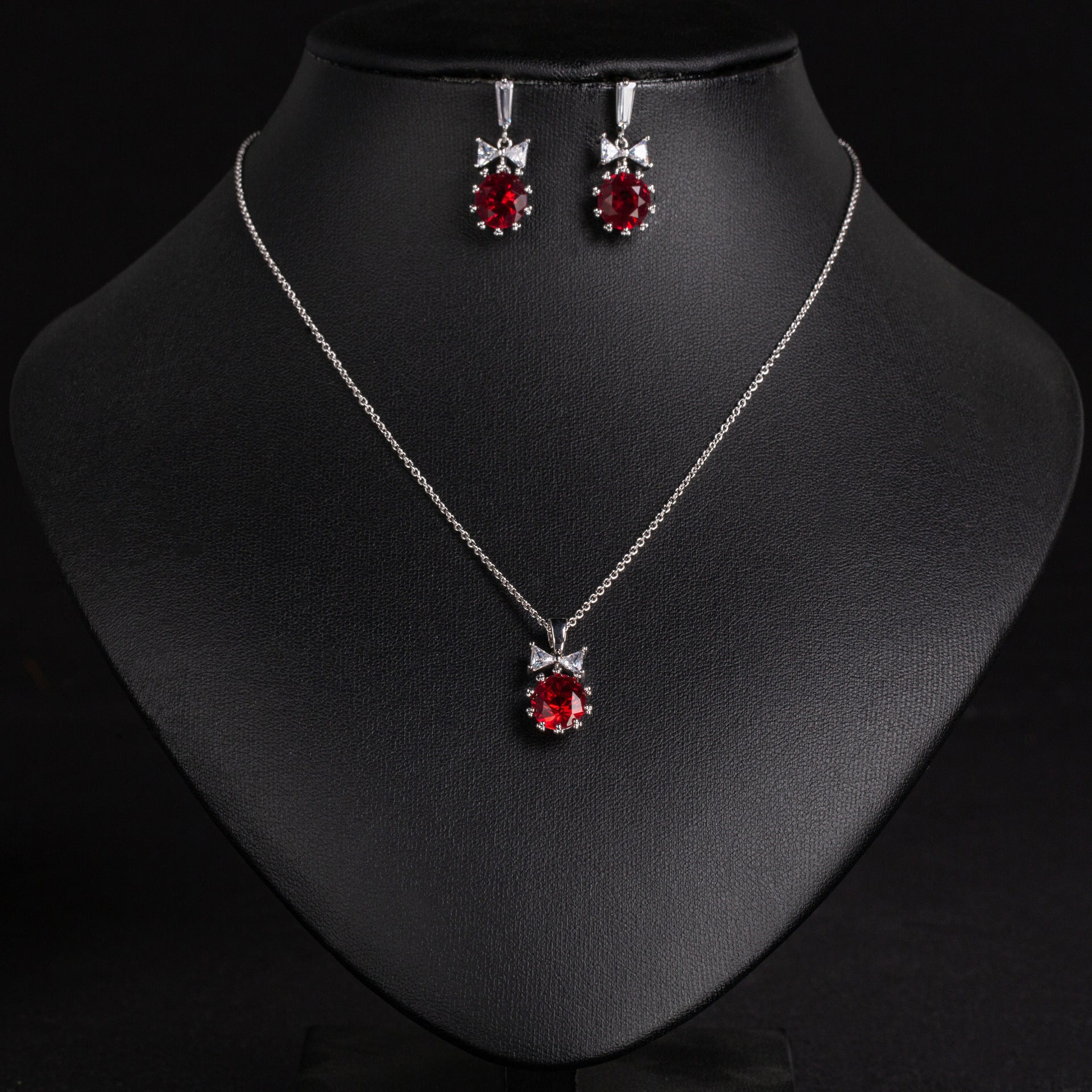 Elegant Ruby Red Crystal Necklace Earrings Set – Silver Bow Jewelry for Women