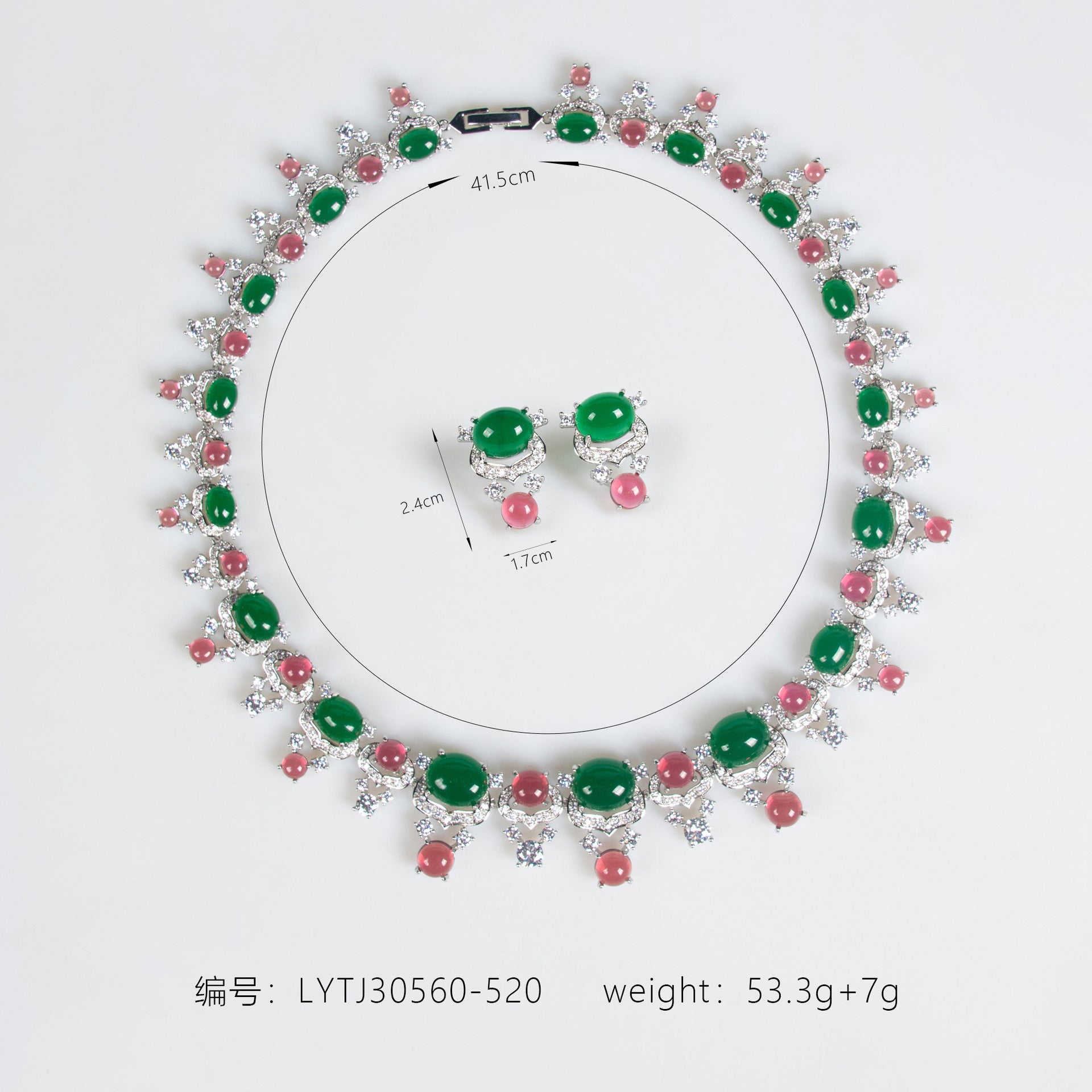 Parure collier et boucles d'oreilles de luxe en cristal vert émeraude et rouge rubis